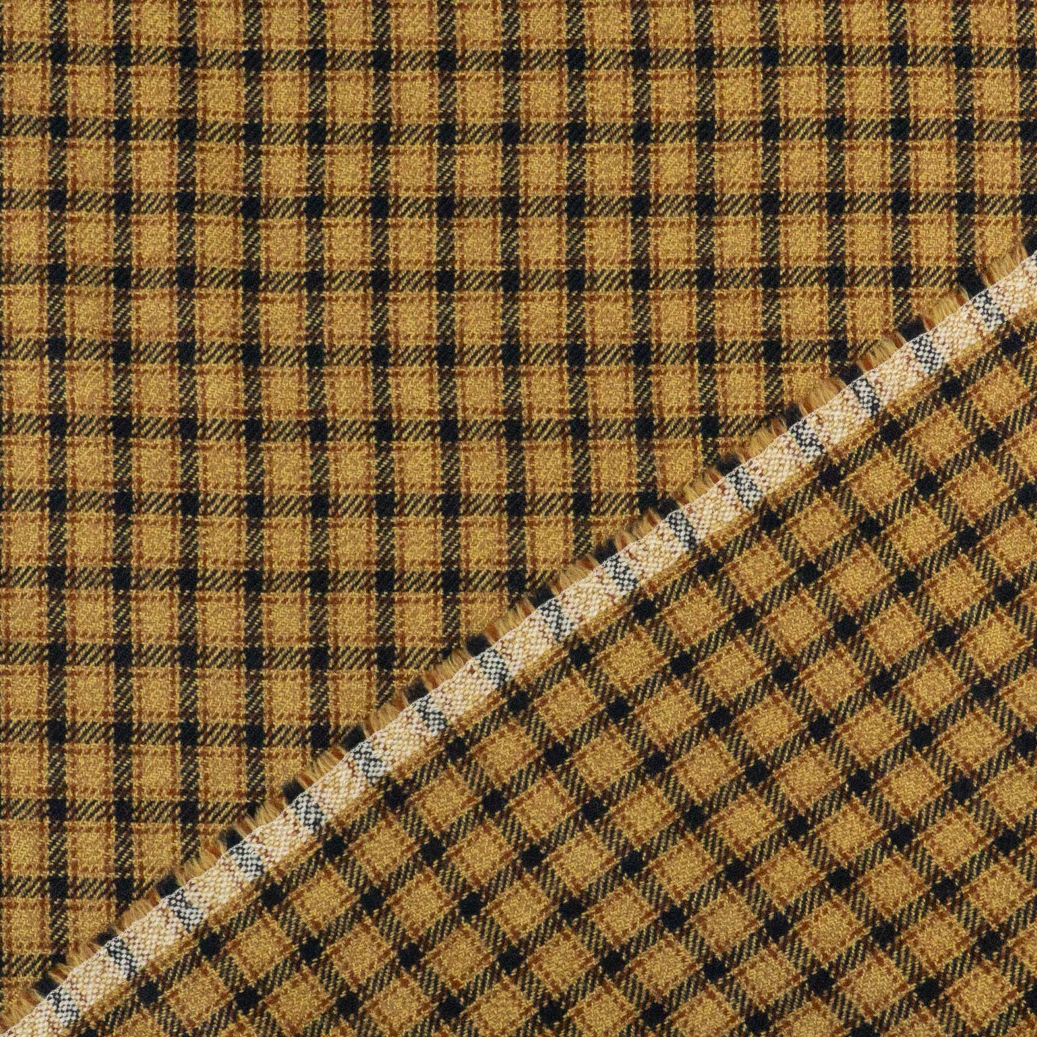 Wollstoff, Streichgarn, ocker, dunkelbraun, schwarz, Webkaro – Bild 4