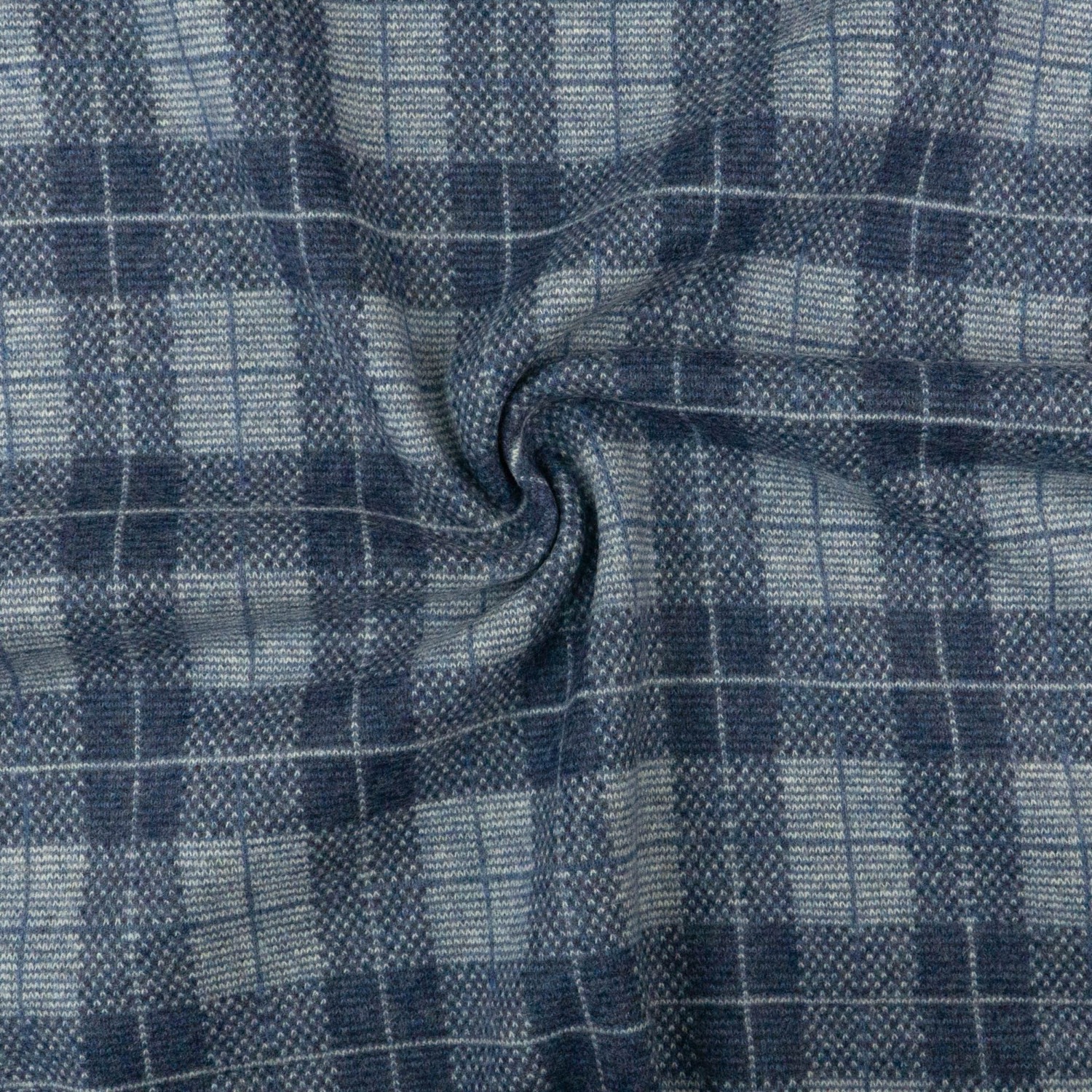 Wollstoff, Strickjacquard, blau, hellgrau, Karo