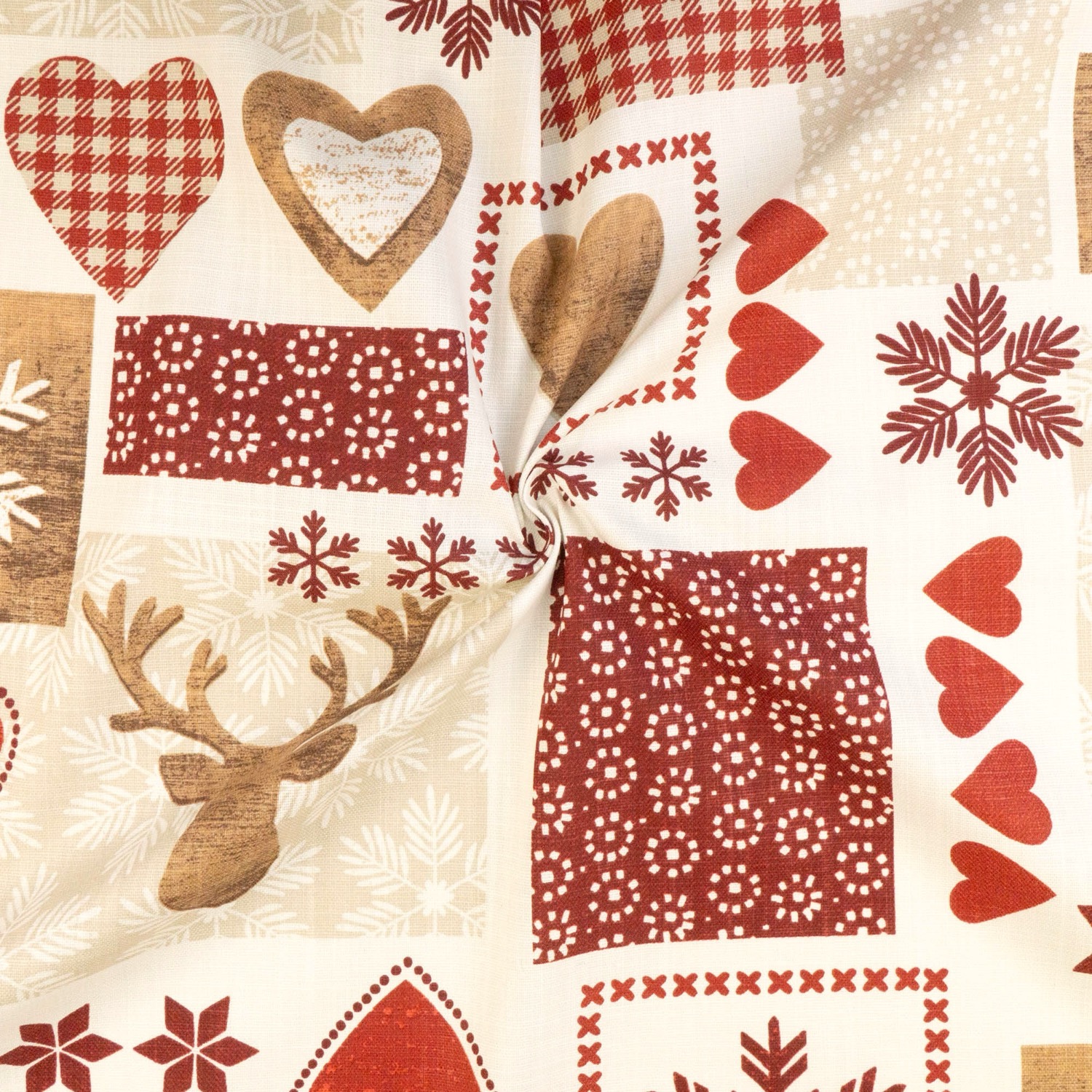 Dekostoff, Panama, rot, offwhite, brauntöne, Weihnachtsmotive