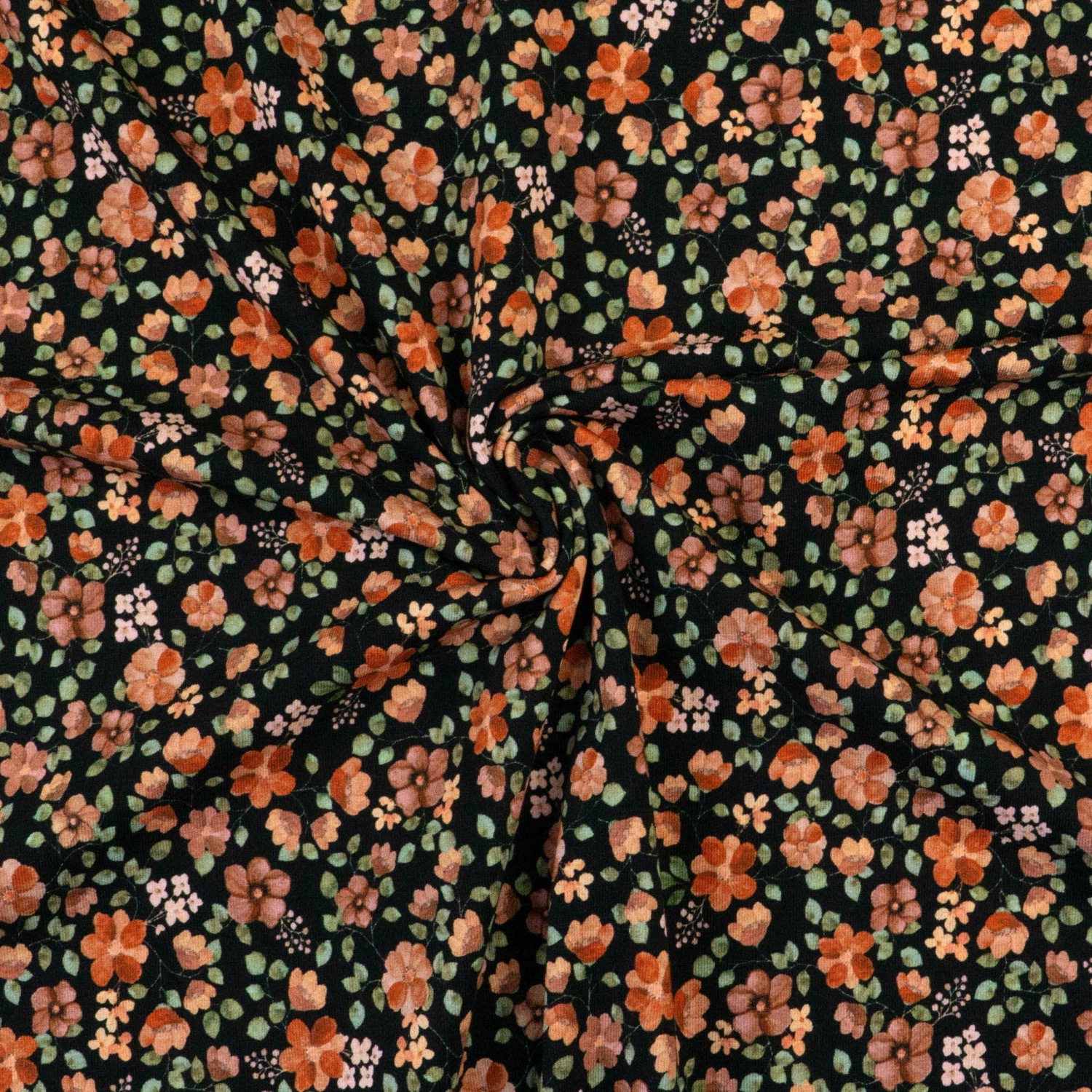 Baumwolljersey, schwarz, orangetöne, salbeigrün, Milles Fleures