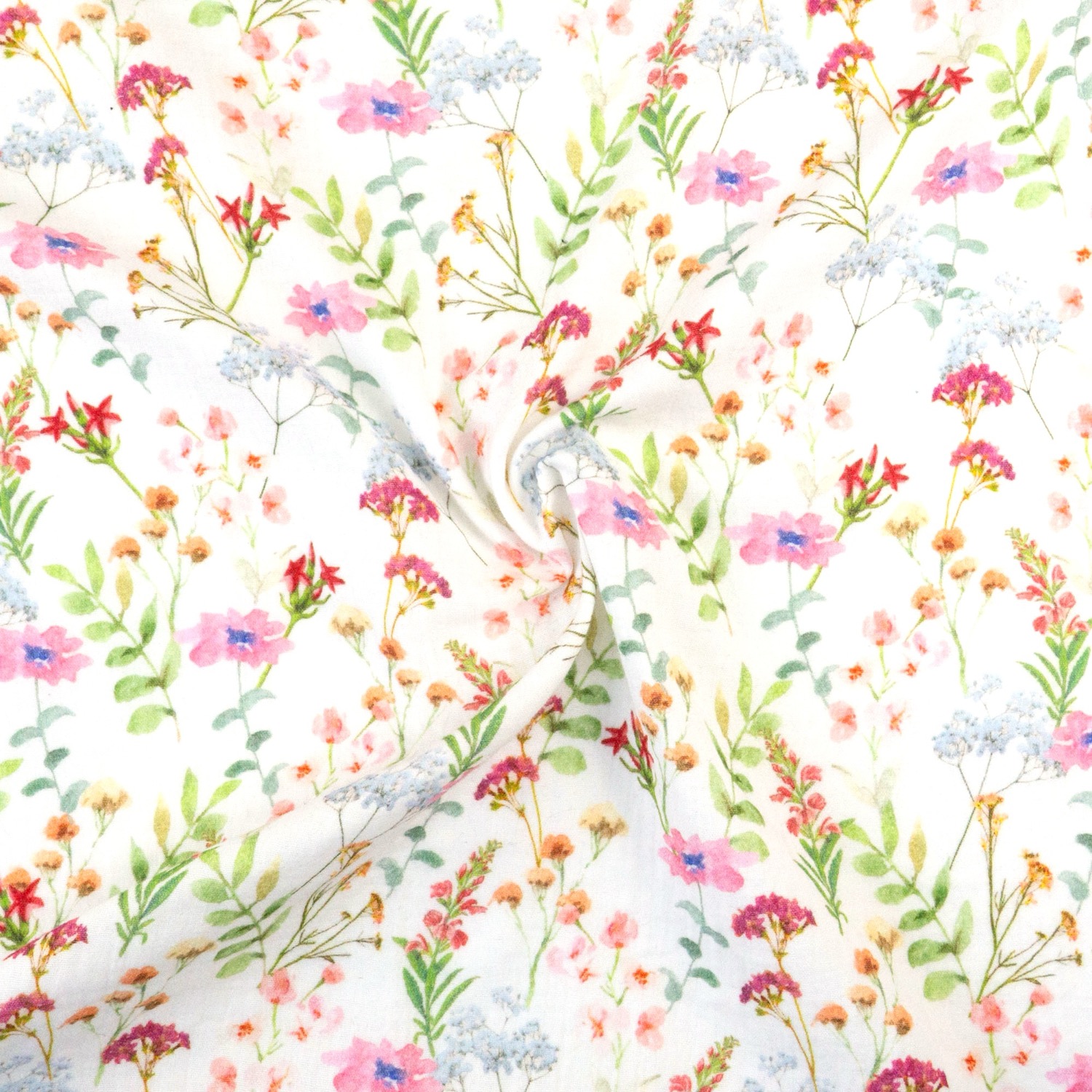 Baumwollstoff, Musselin, weiß, rosa, grün, florale Motive