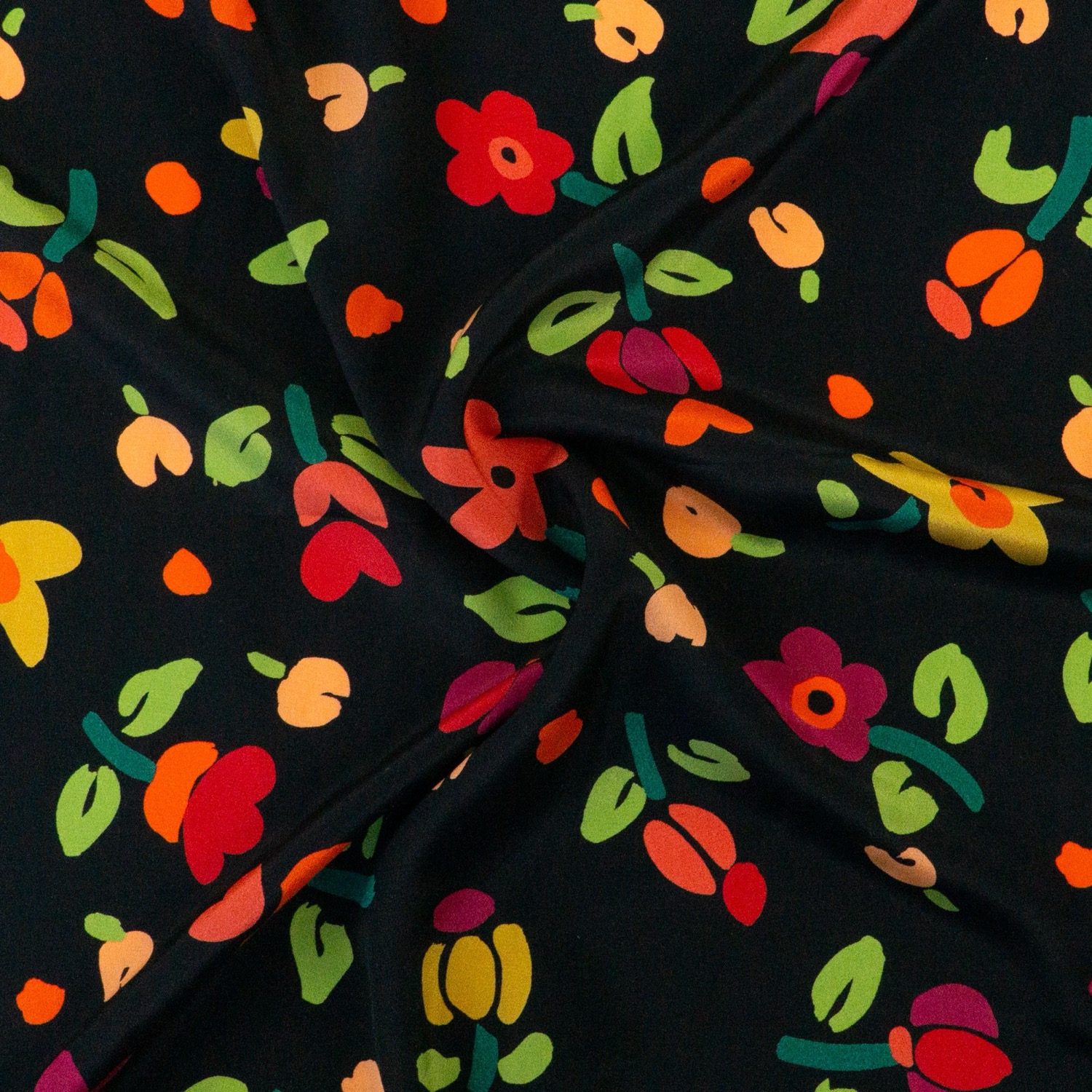 Seidenstoff, Crêpe, schwarz, rot, grün, apricot, florale Motive