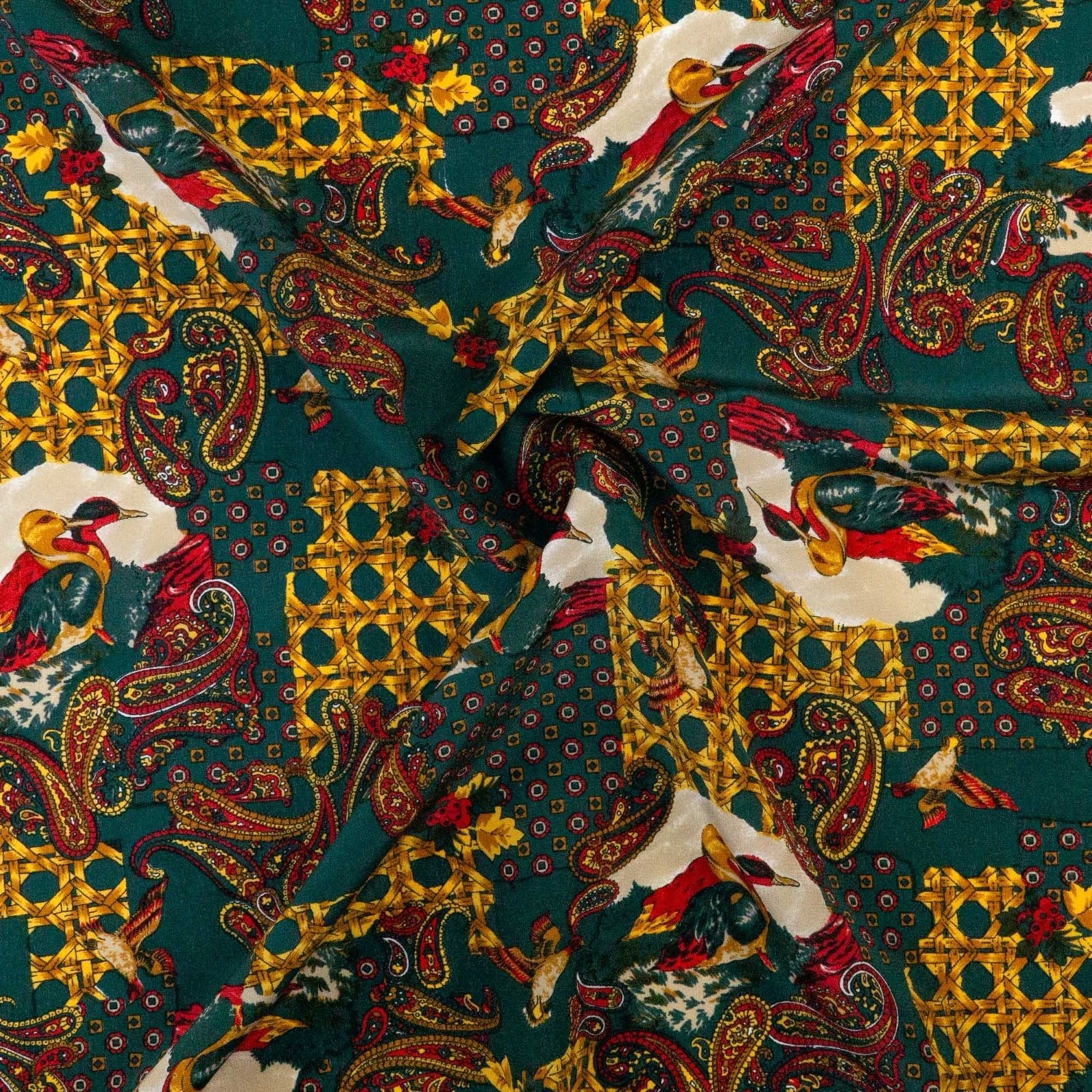 Seidenstoff, Crêpe, dunkelgrün, rot, gelbtöne, Paisley-Muster