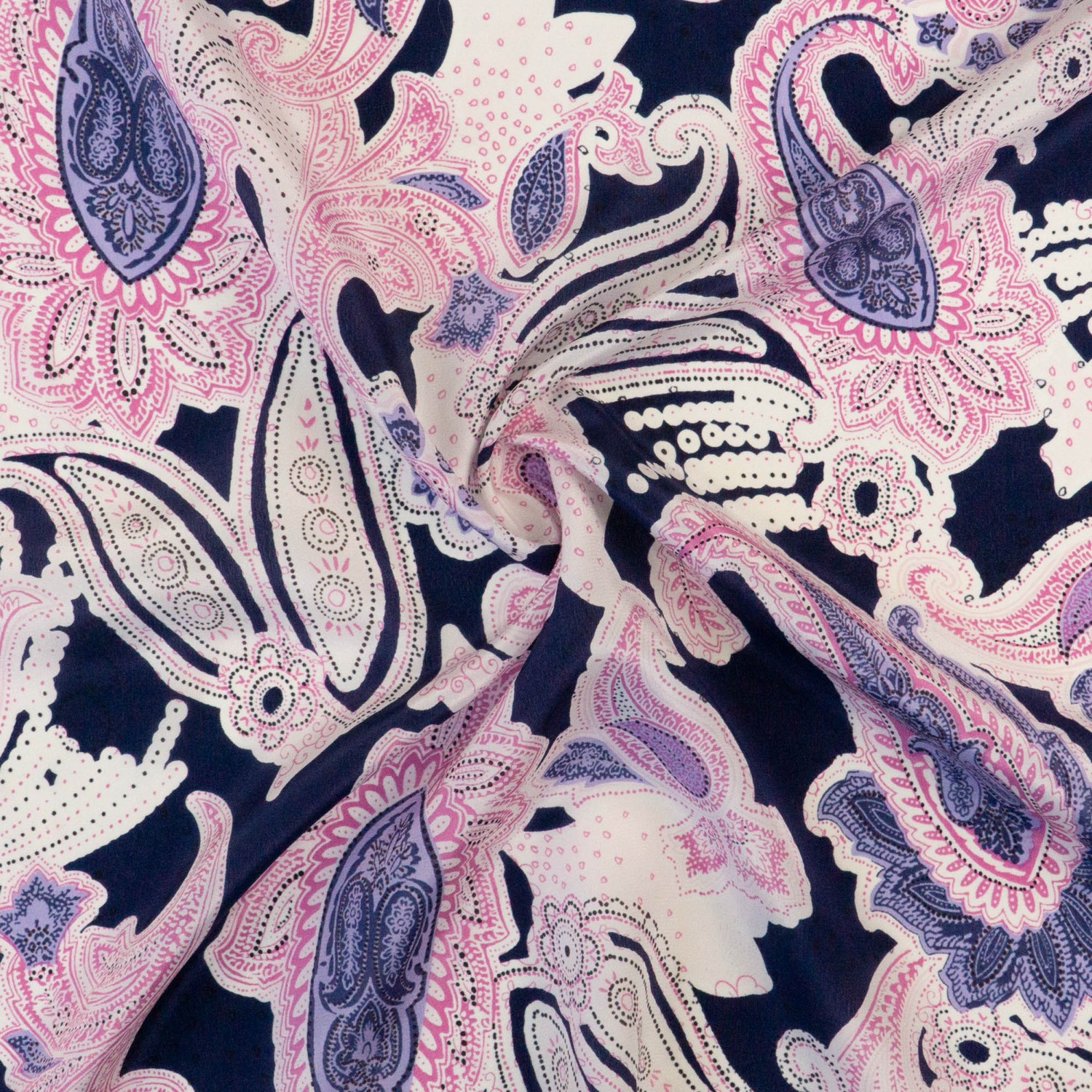 Seidenstoff, Crêpe, dunkelblau, rosa, offwhite, Paisleyblüten