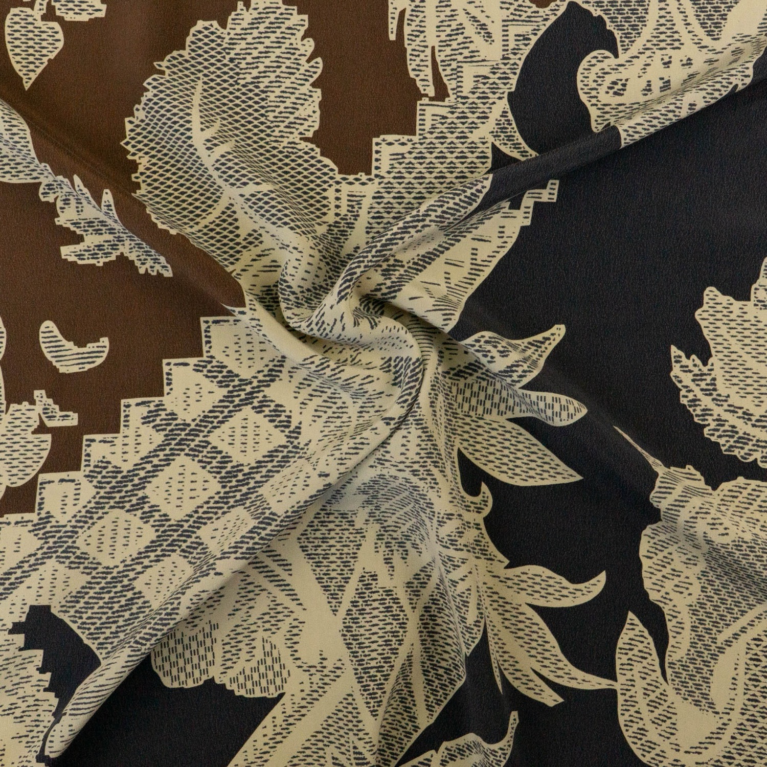 Seidenstoff, Crêpe, aubergine, grau, braun, florale Motive