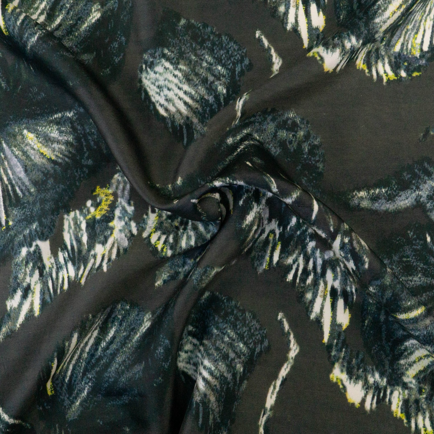 Leichter Seidenstoff, Bouretteseide, dunkelgrau, dunkelgrün, gelb, blaugrau, florale Motive