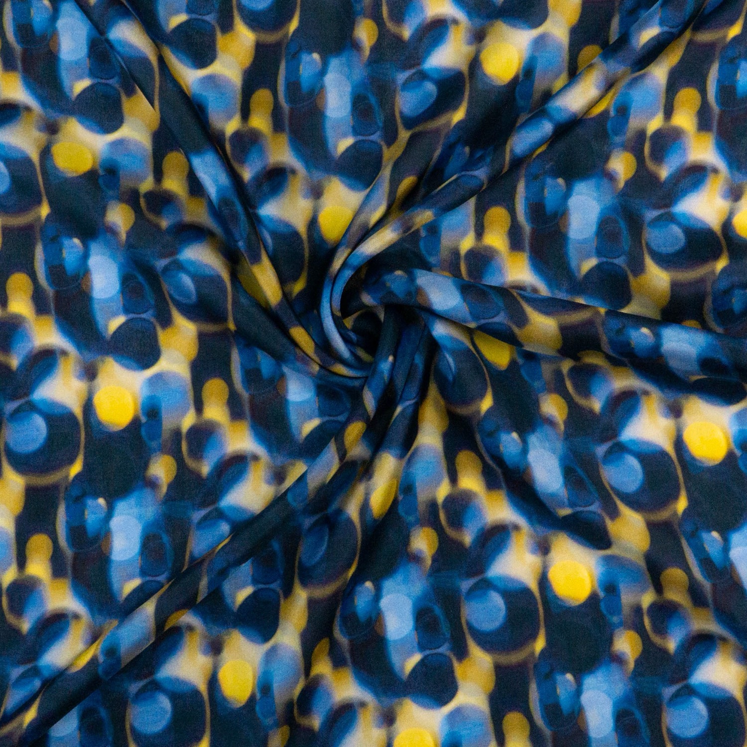 Seidenstoff, Crêpe, blautöne, gelb, grafisch gemustert