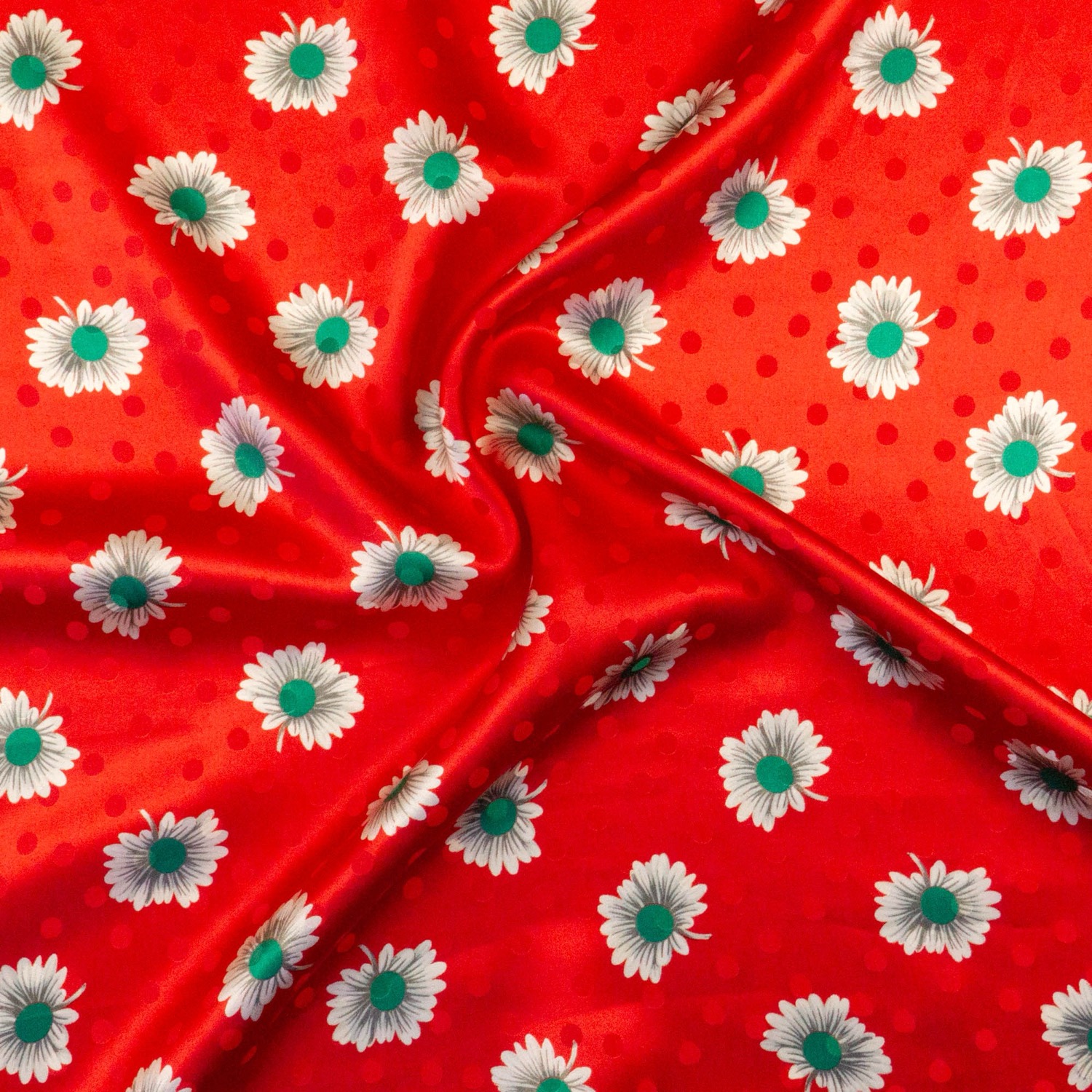 Seidenstoff, Jacquard, rot, offwhite, grün, florale Motive, Punkte