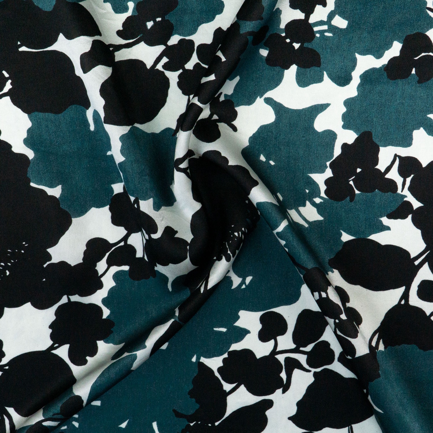 Seidenstoff, Satin, weiß, petrol, florale Motive