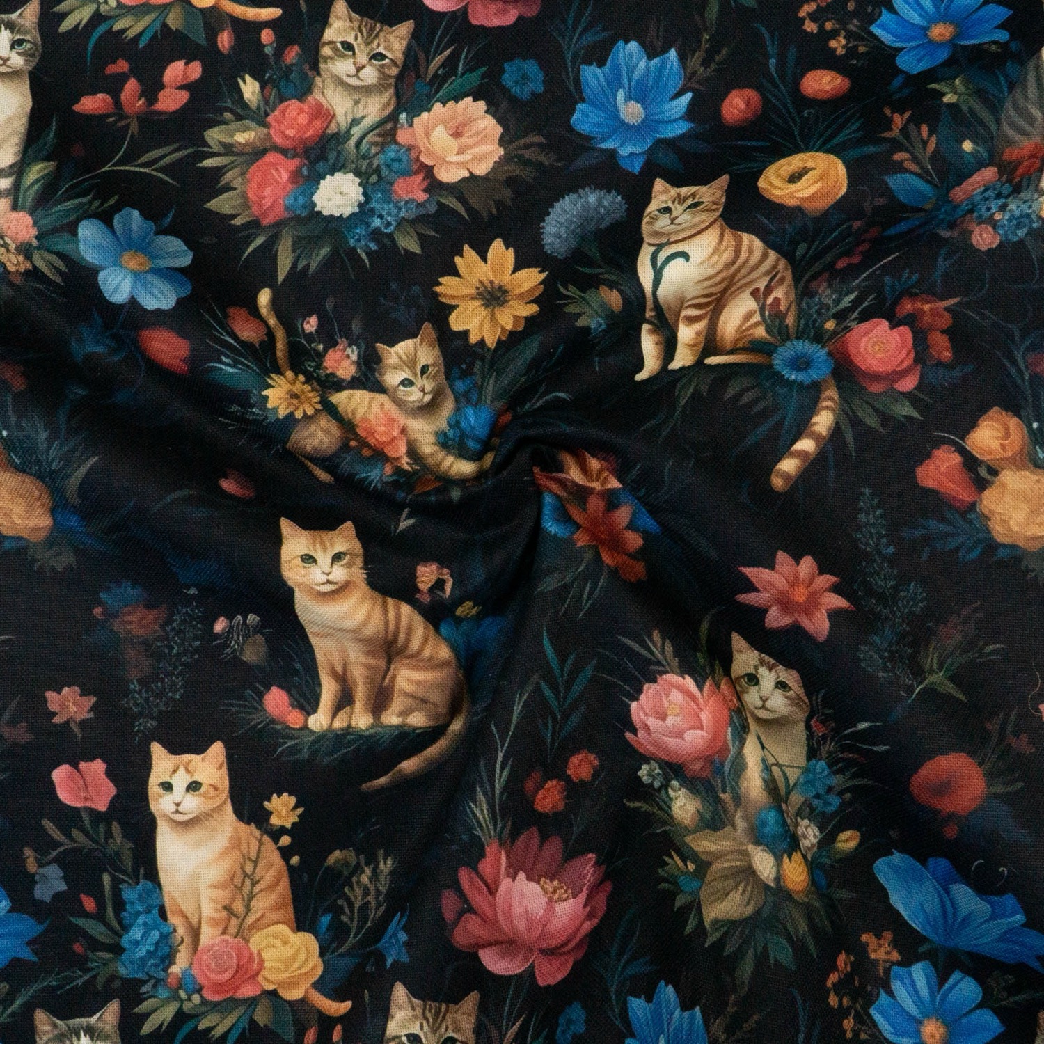 Dekostoff, Panama, schwarz, brauntöne, blau, rosa, Tiermotive