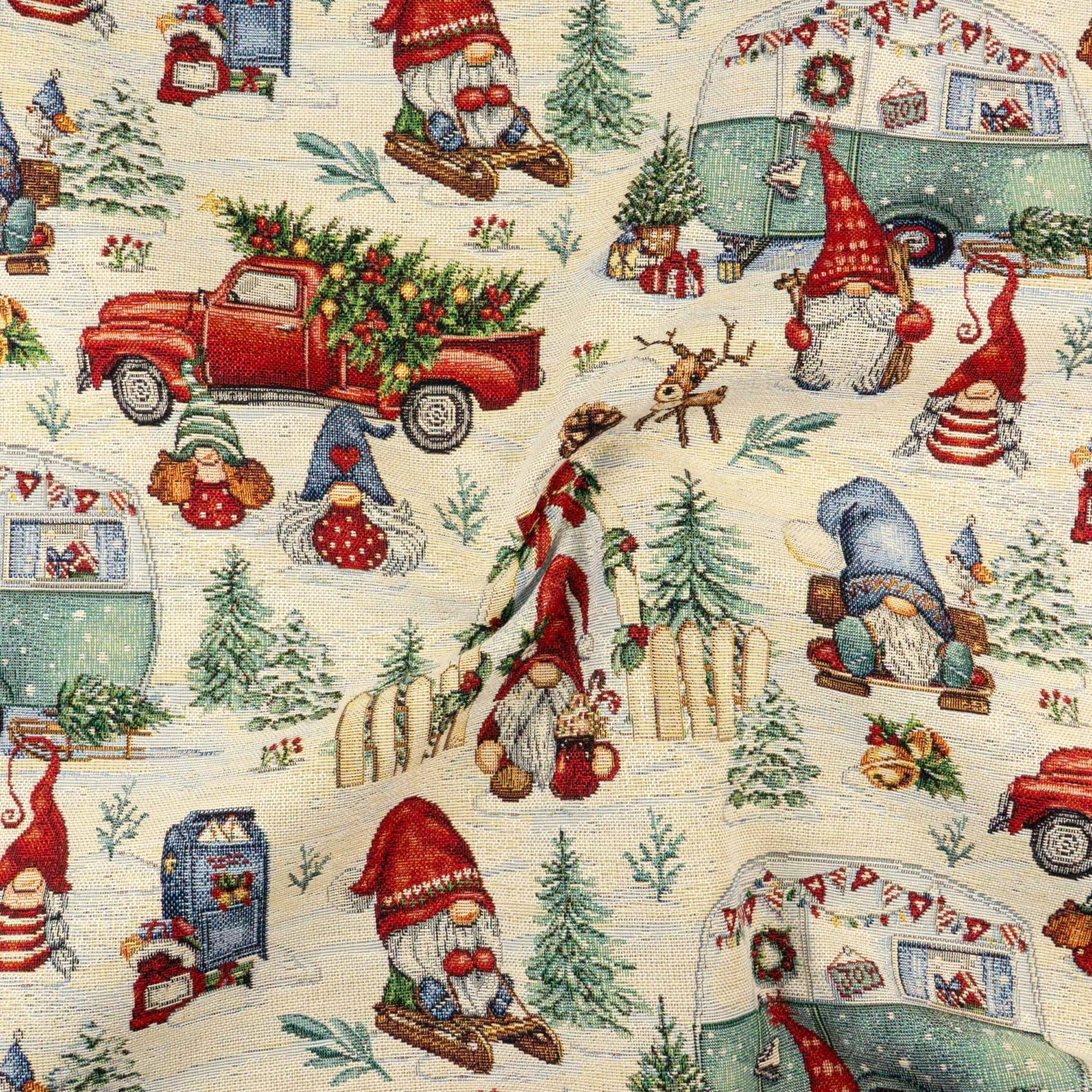 Dekostoff, Gobelin, creme, rot, grüntöne, Weihnachtsmotive