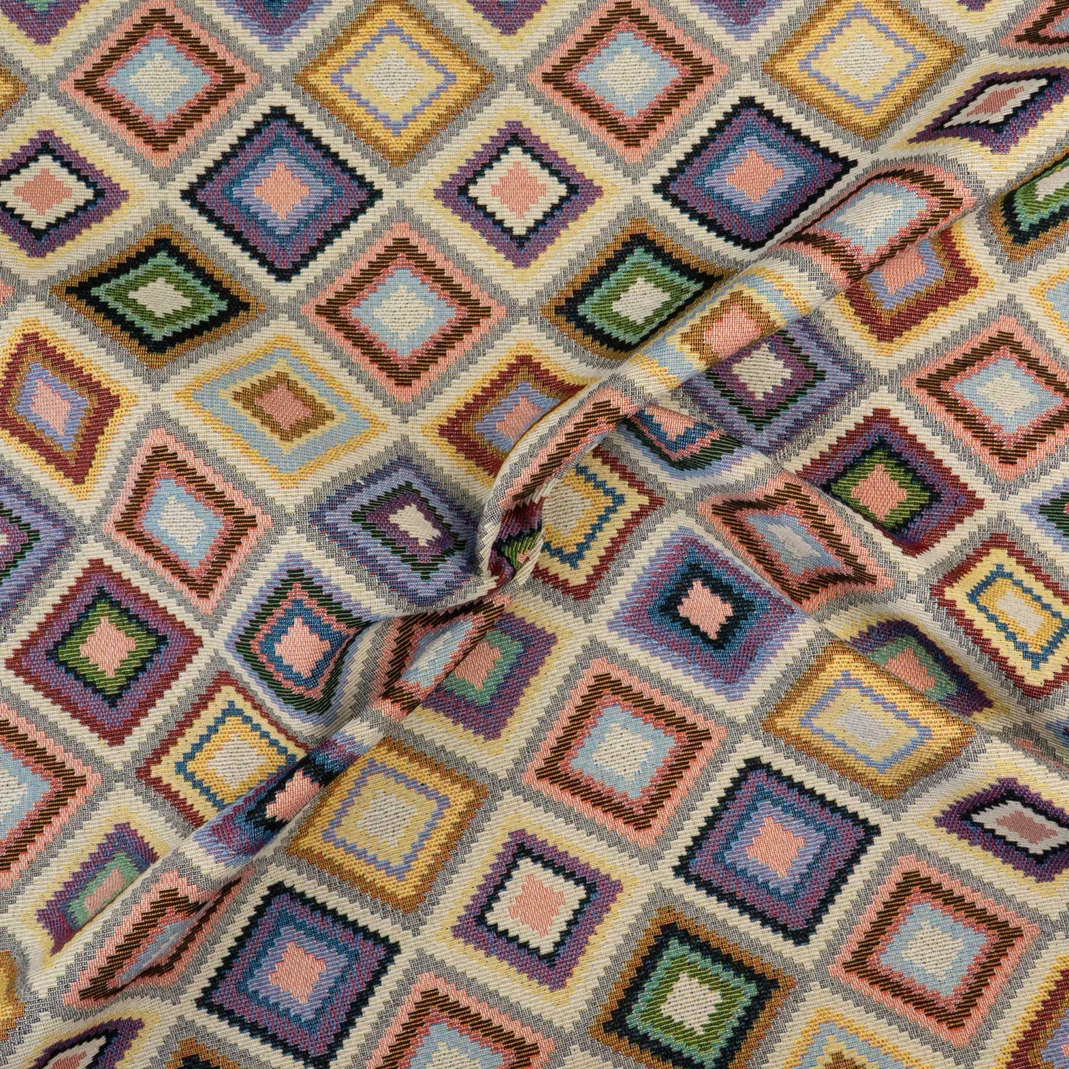 Dekostoff, Gobelin, creme, grün, rot, blau, grafisch gemustert