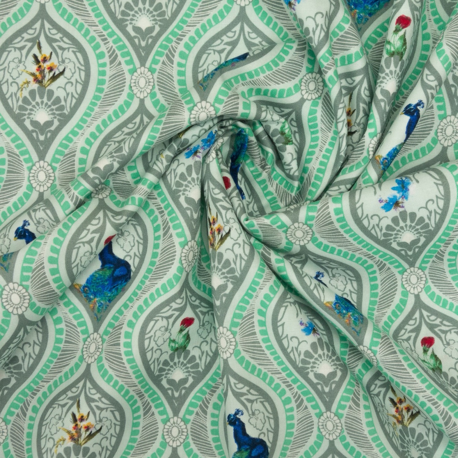 Baumwollstoff, Cretonne, mint, blautöne, grau, weiß, Tiermotive, ornamental gemustert