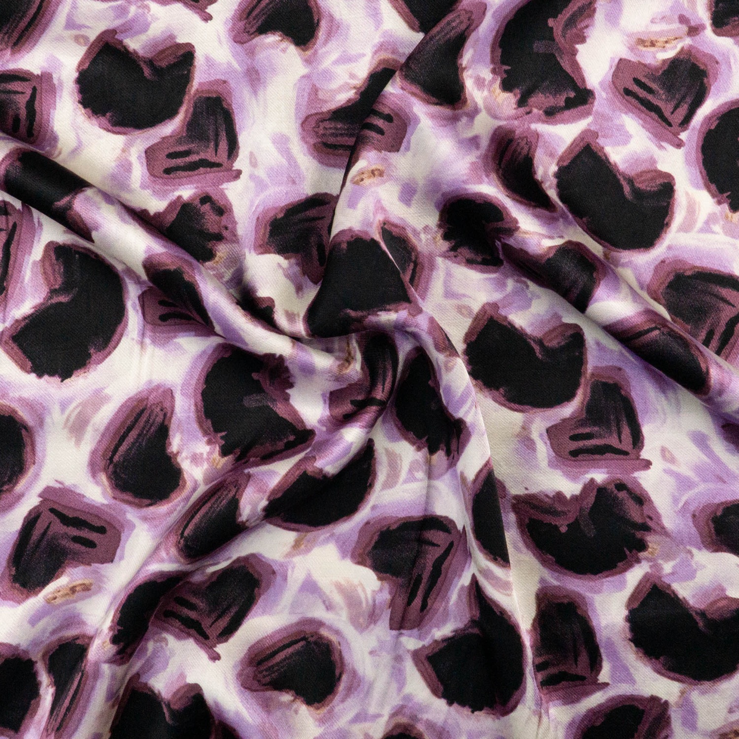 Viskosestoff, Satin, lilatöne, schwarz, offwhite, abstrakt gemustert
