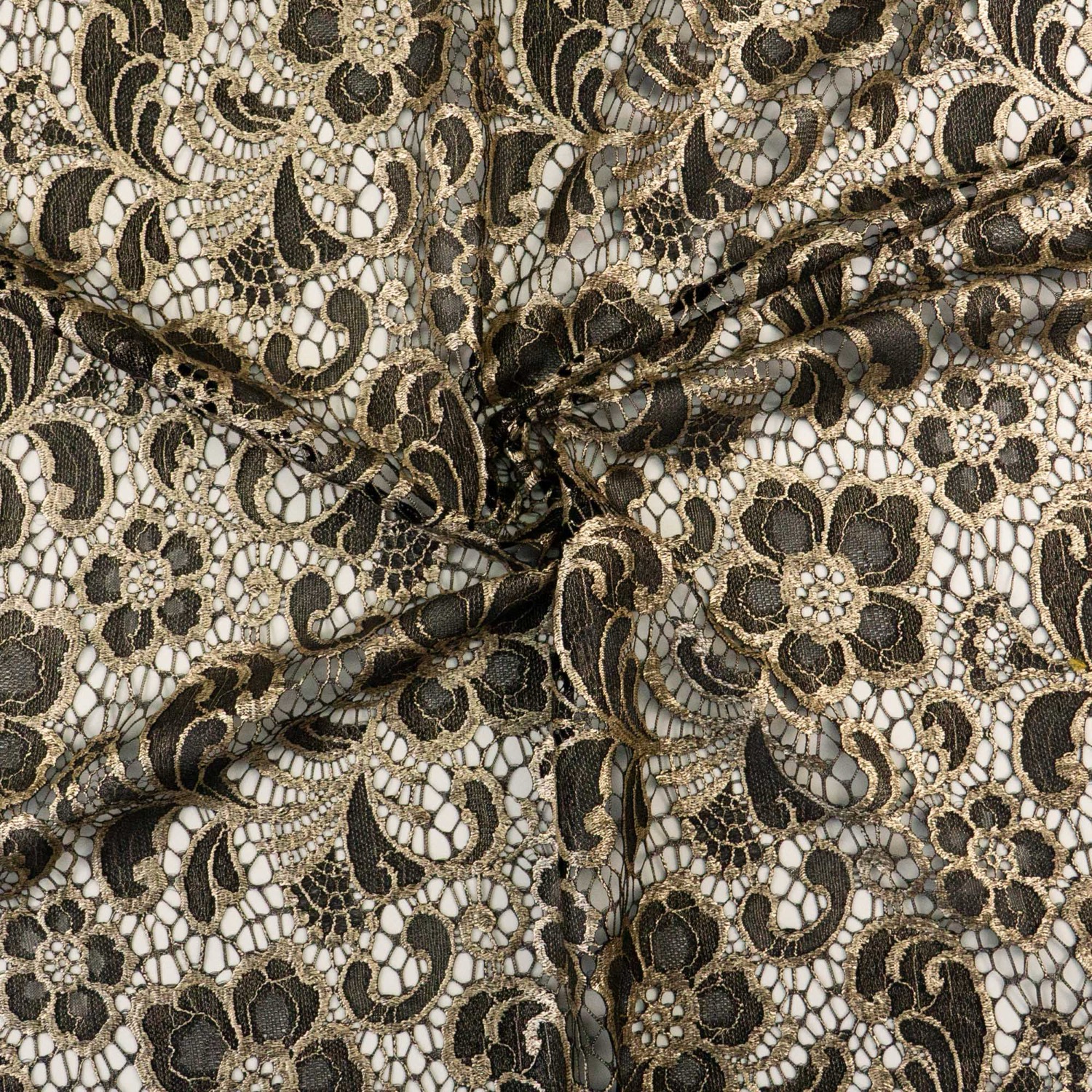 Spitzenstoff, schwarz, gold, florale Motive
