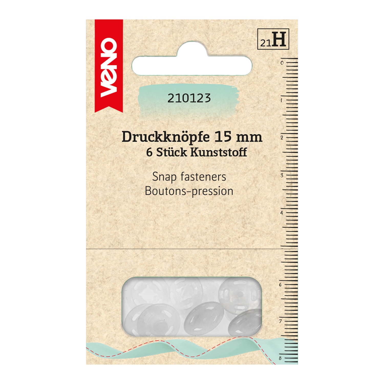 Druckknöpfe, zum Annähen, Packung, Kunststoff, Transparent, 15 ø mm