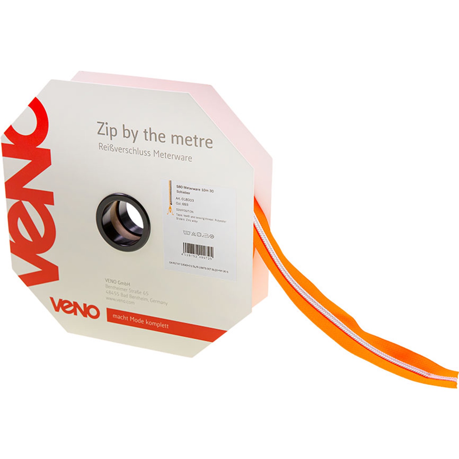 Reißverschluss Meterware, Kunststoffspirale, nicht teilbar, neonorange, silber, 30 mm