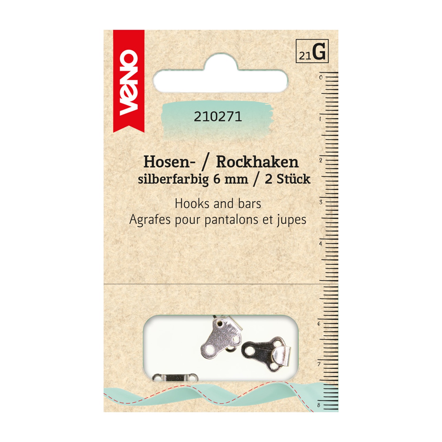 Hosen/Rockhaken und Stege, Packung, zum Annähen, Metall, Silber, 6 mm