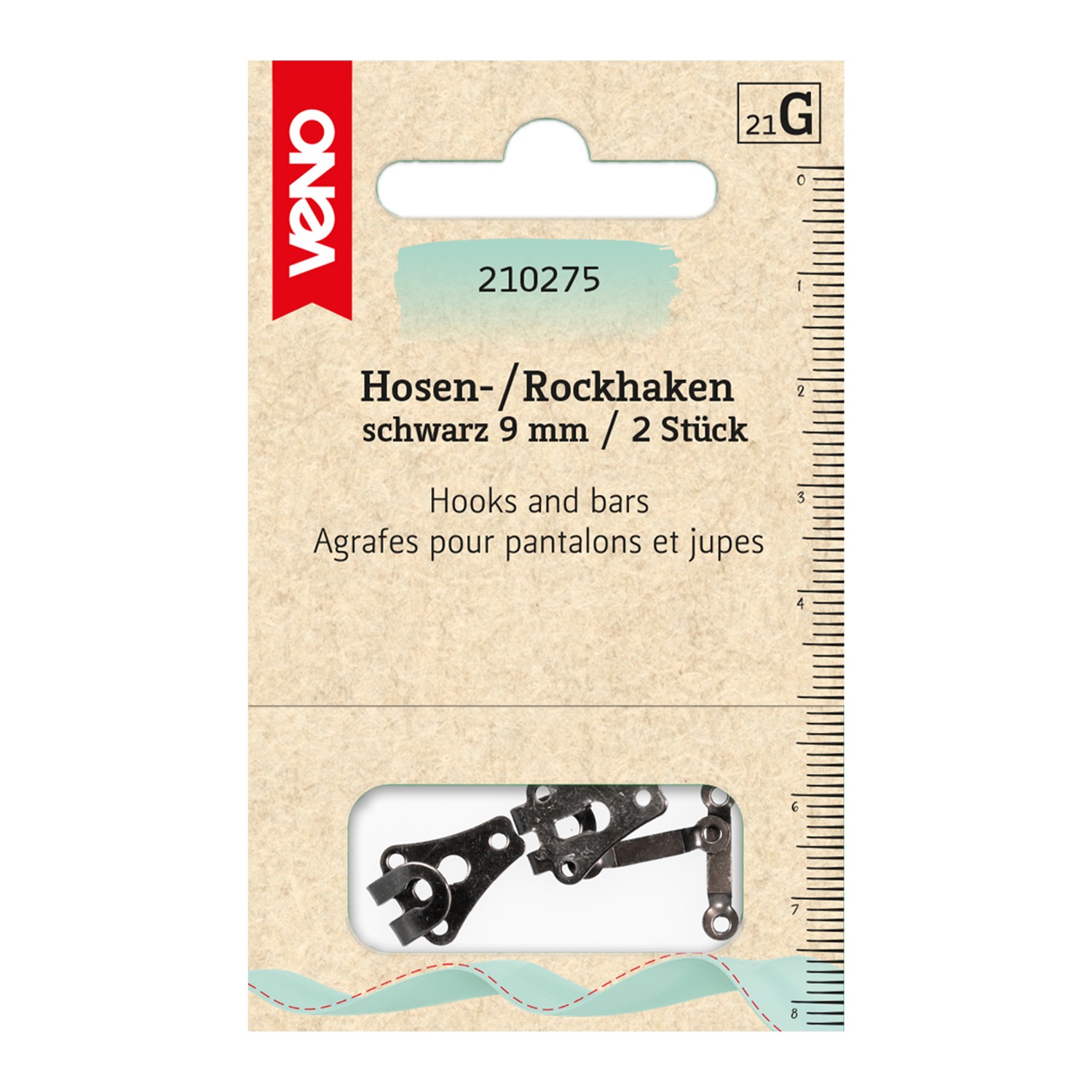 Hosen/Rockhaken und Stege, Packung, zum Annähen, Metall, schwarz, 9 mm