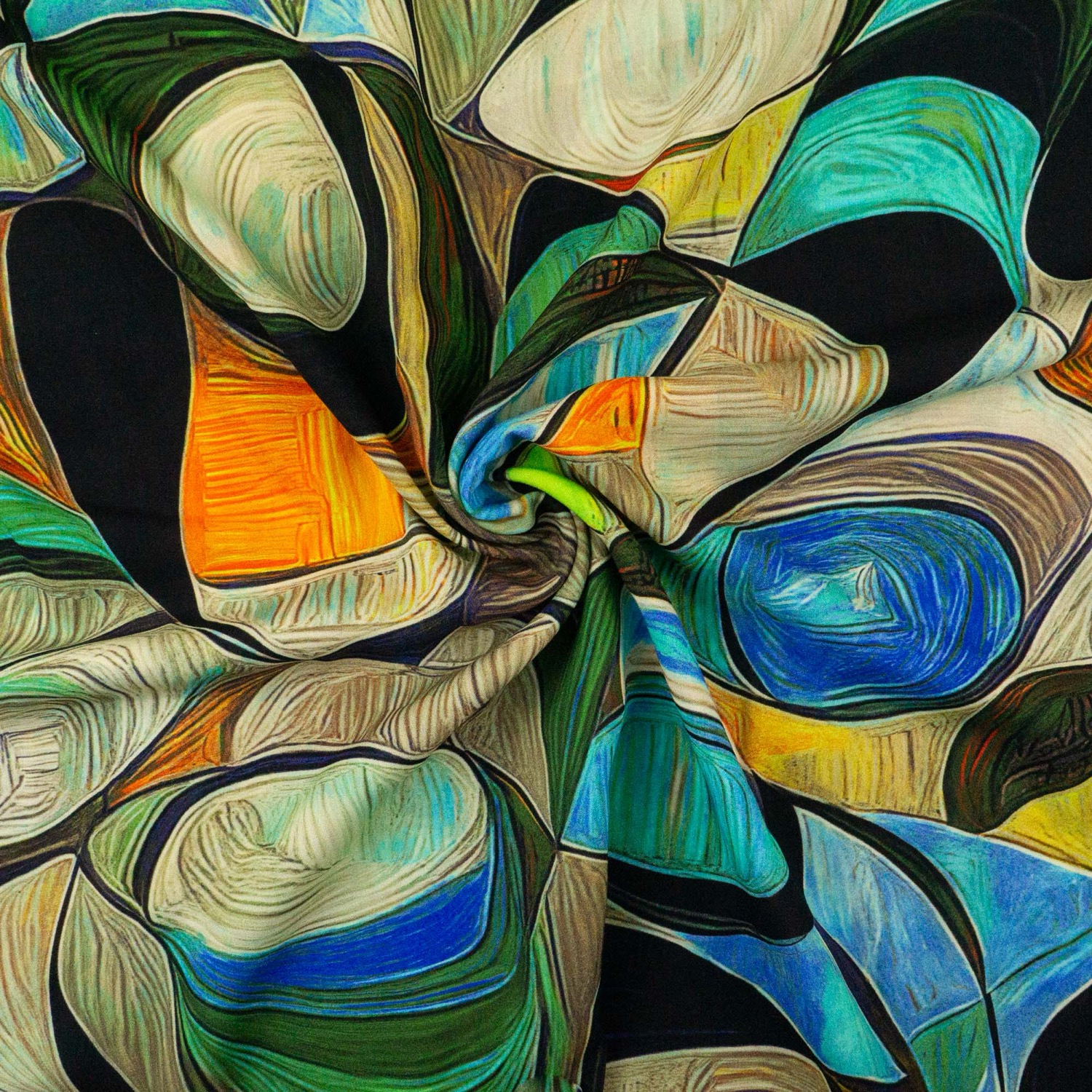 Viskosestoff, Javanaise, orange, türkis, grün, schwarz, abstrakt gemustert