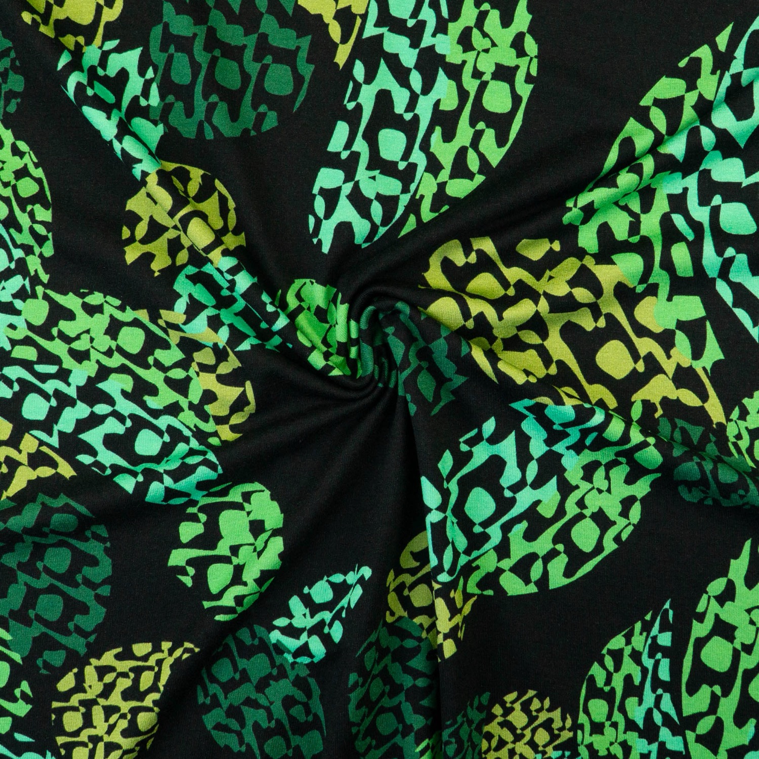 Viskosejersey, schwarz, grüntöne, abstrakt gemustert