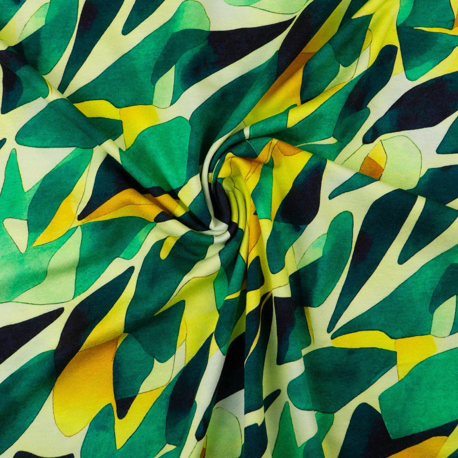 Viskosejersey, grüntöne, gelbtöne, abstrakt gemustert