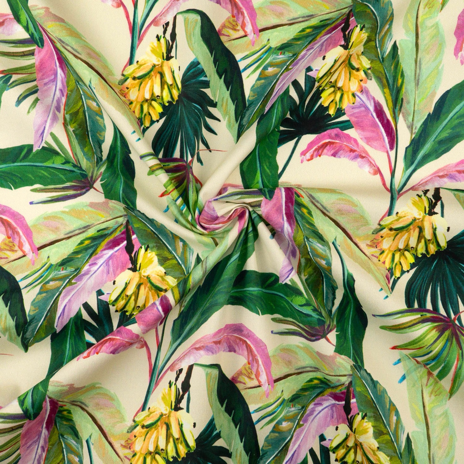 Elastischer Baumwollstoff, Popeline, grüntöne, pink, creme, florale Motive
