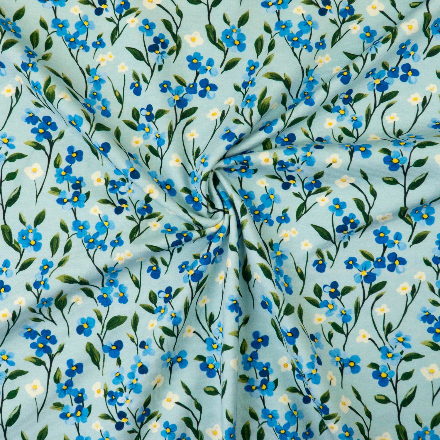 Baumwolljersey, blautöne, dunkelgrün, florale Motive