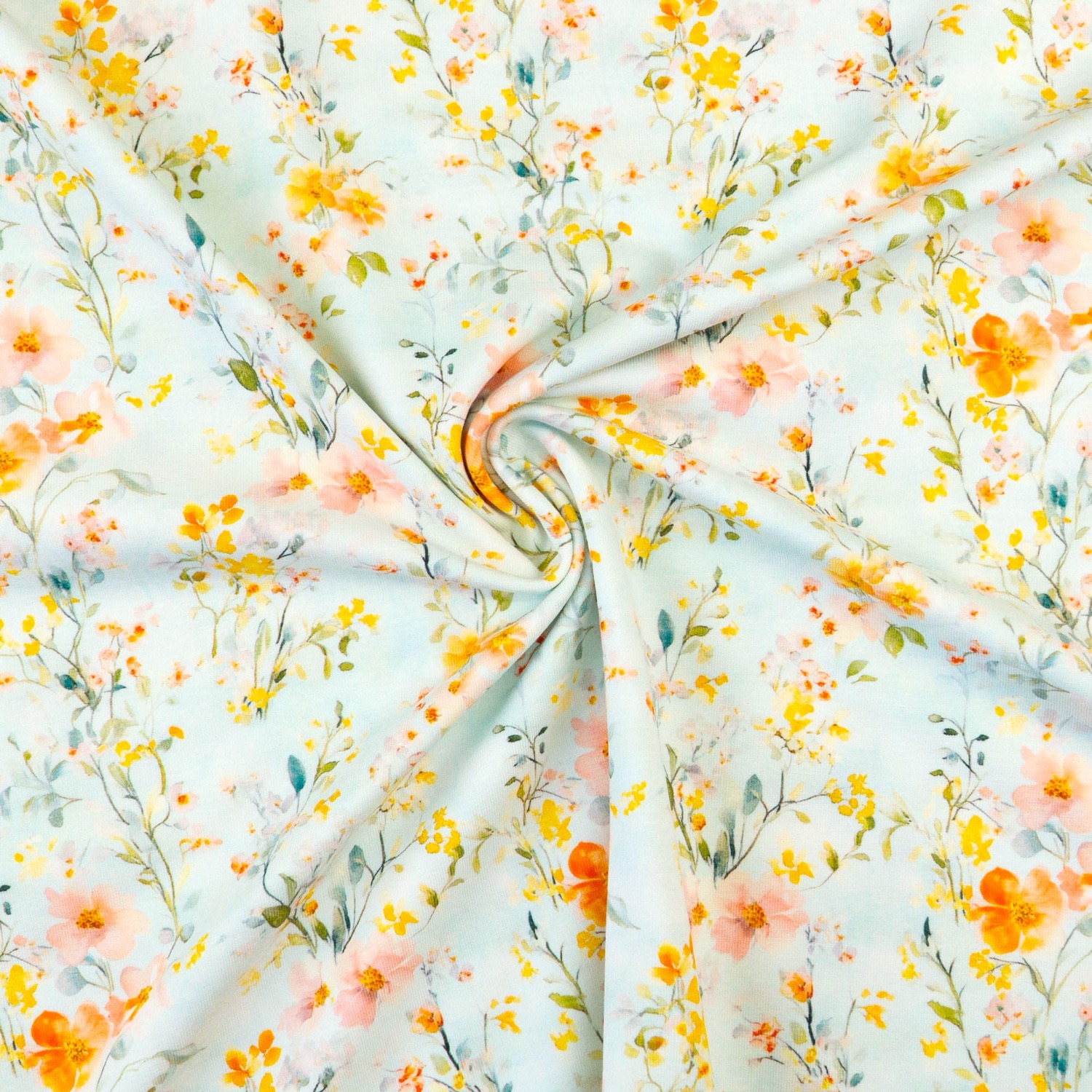 Baumwolljersey, pastellblau, rosa, gelb, grün, florale Motive
