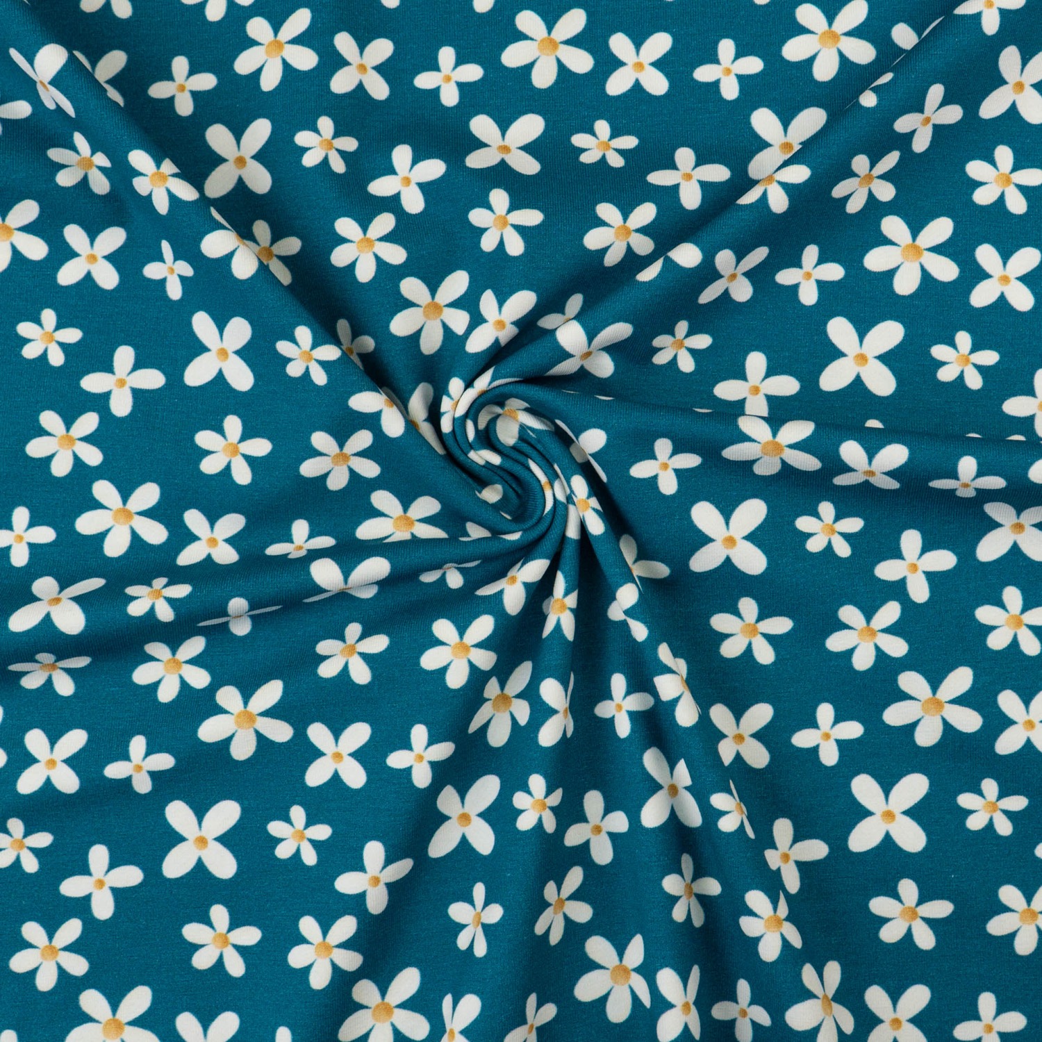 Baumwolljersey, dunkelblau, weiß, curry, florale Motive