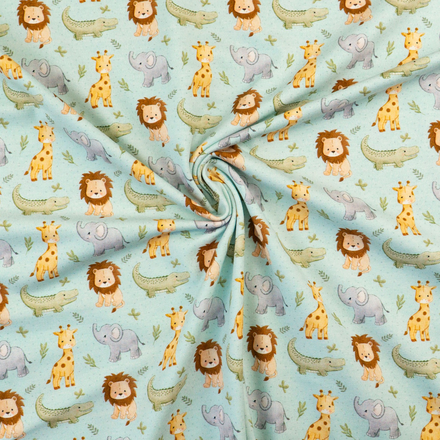 Baumwolljersey, hellblau, gelb, grün, grau, Kindermotive - Tiere