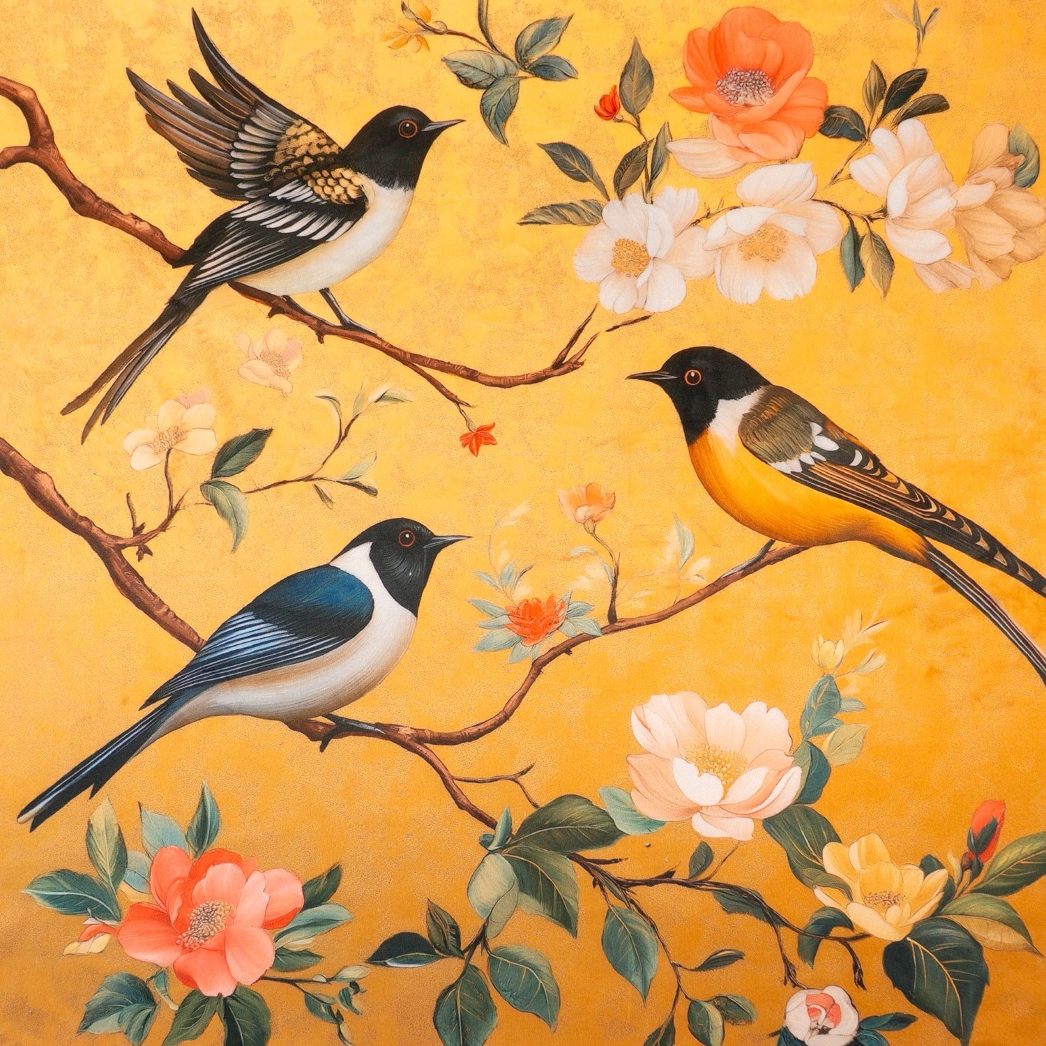 Samtstoff, dunkelgelb, grüntöne, blautöne, rot, Tiermotive