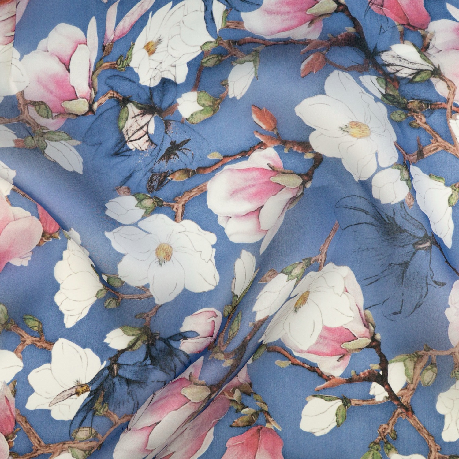 Seidenstoff, Organzastoff, blau, rosatöne, florale Motive