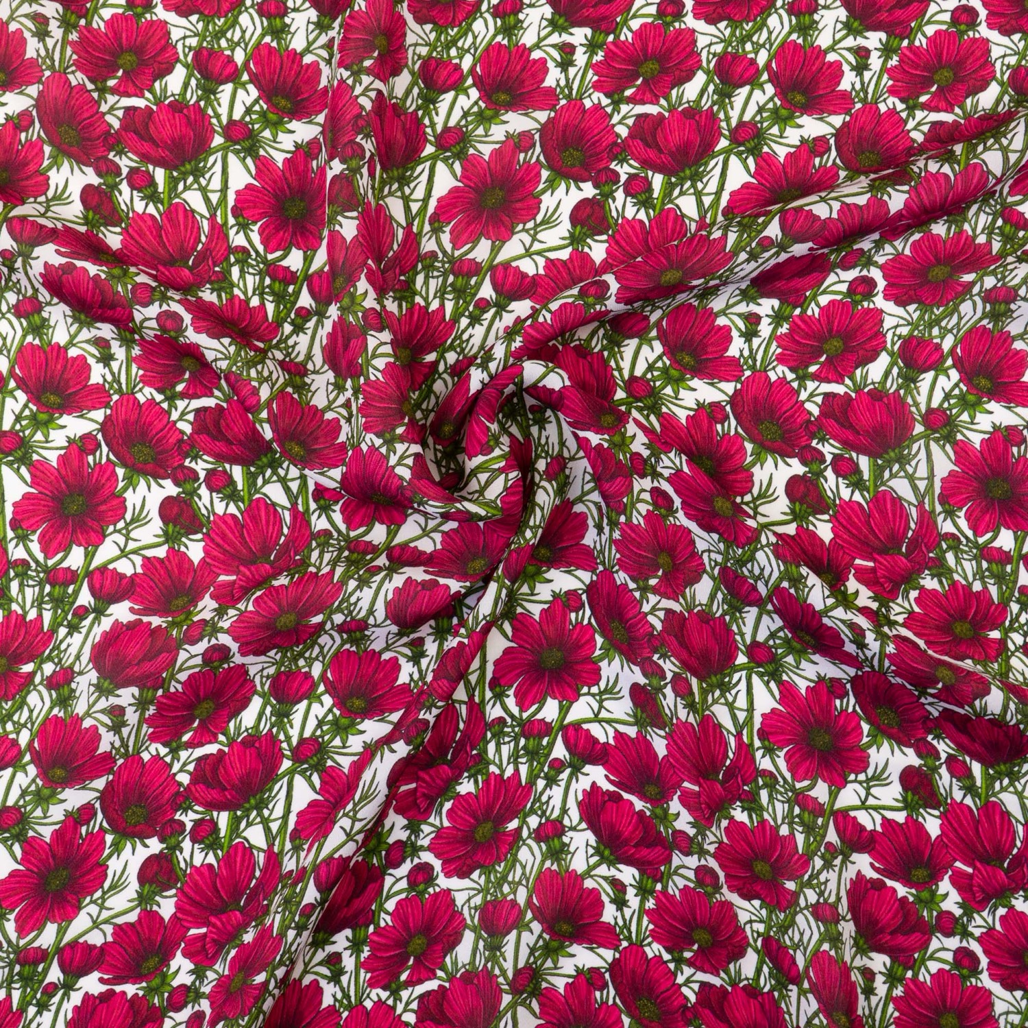 Seidenstoff, Crêpe, offwhite, pink dunkel, grün, florale Motive