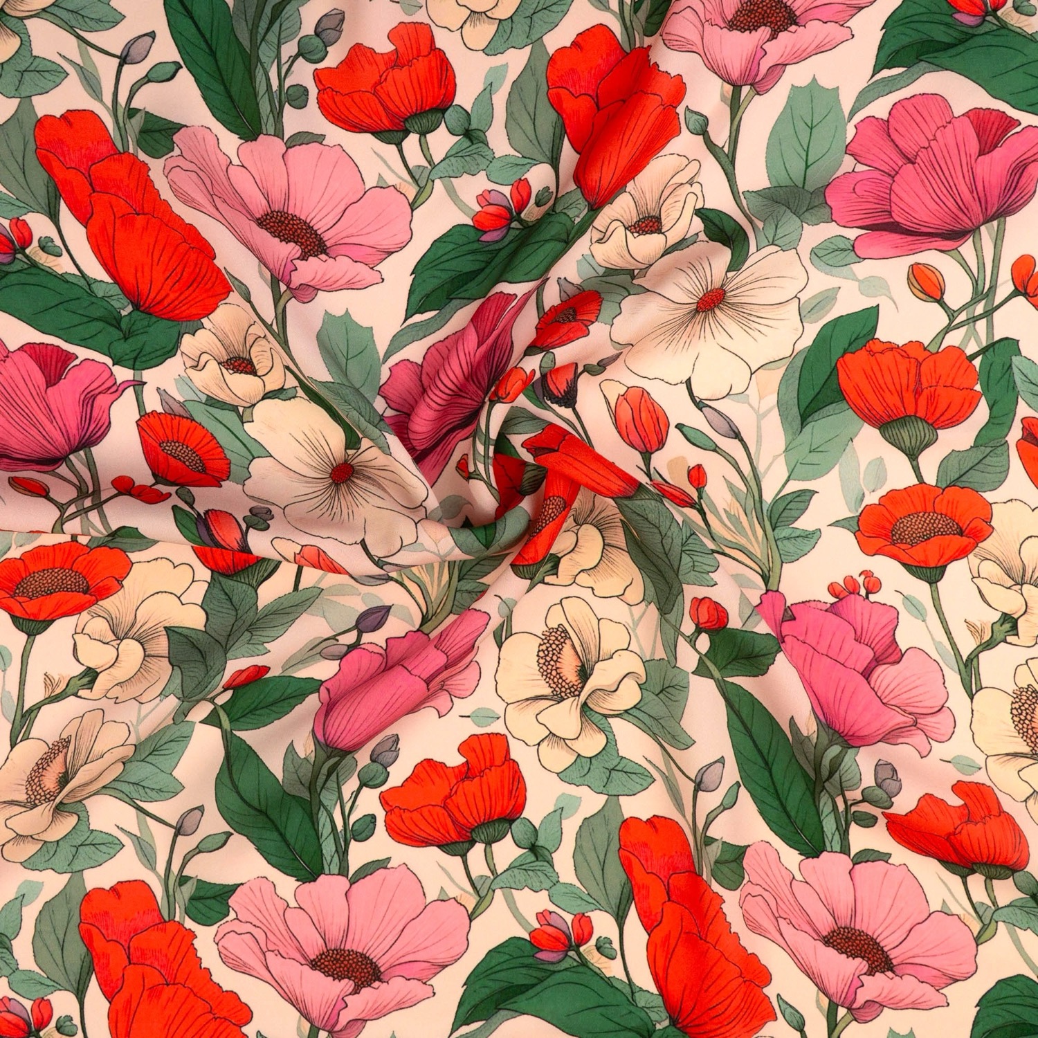 Seidenstoff, Crêpe, rosatöne, rot, grün, florale Motive