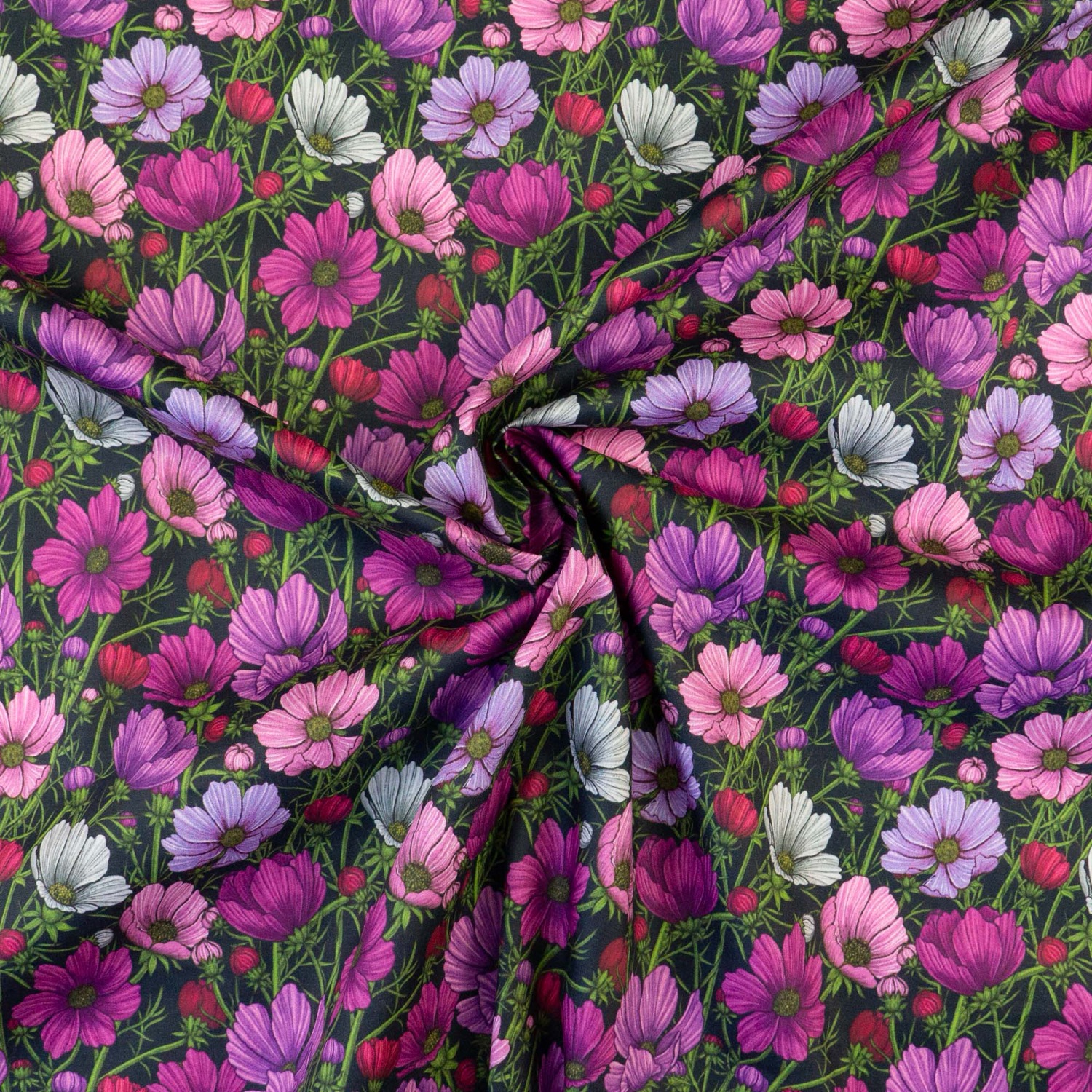 Edler Baumwollstoff, Popeline, schwarz, lilatöne, beere, grün, florale Motive