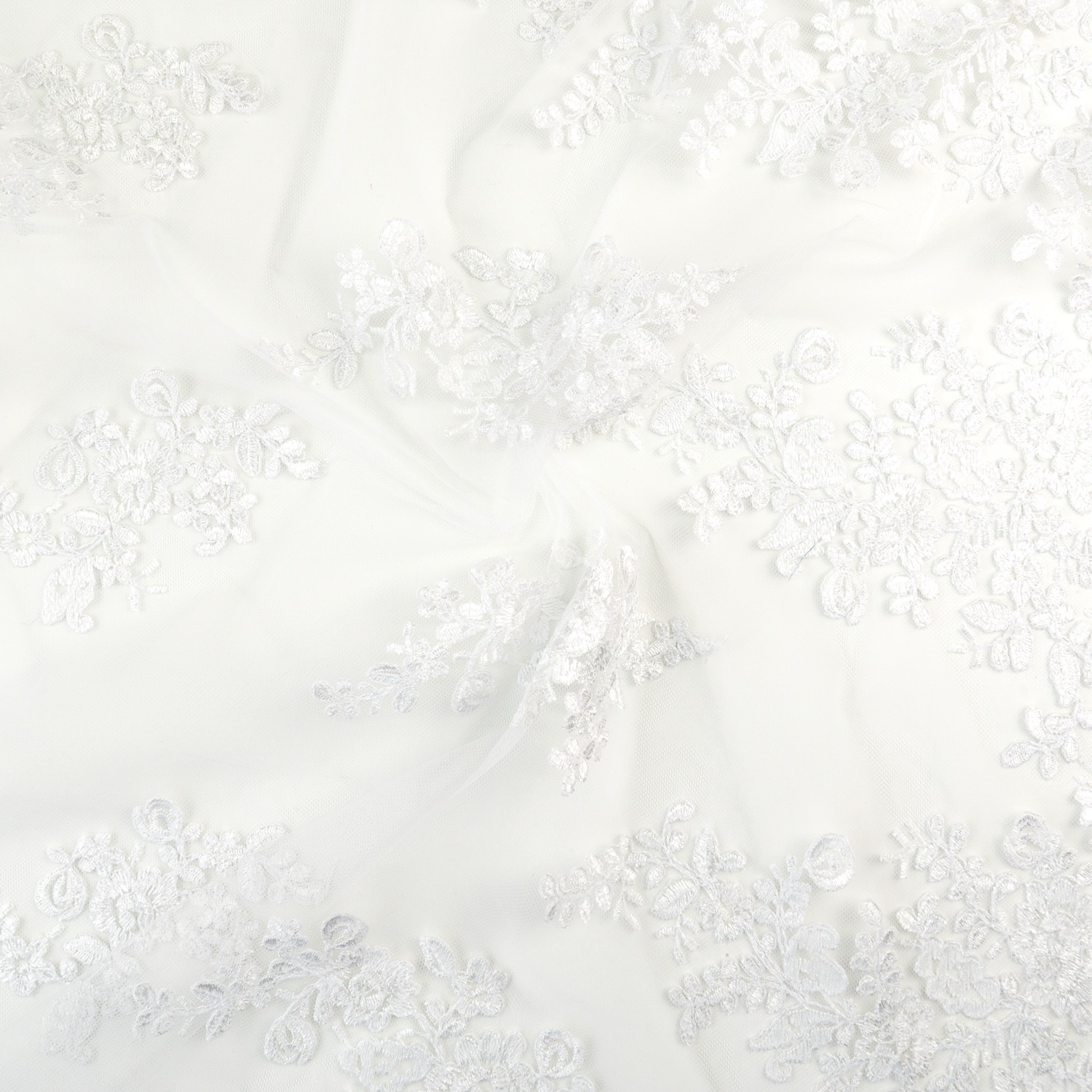 Elastischer Spitzenstoff, weiß, Bogenkante, floral gemustert