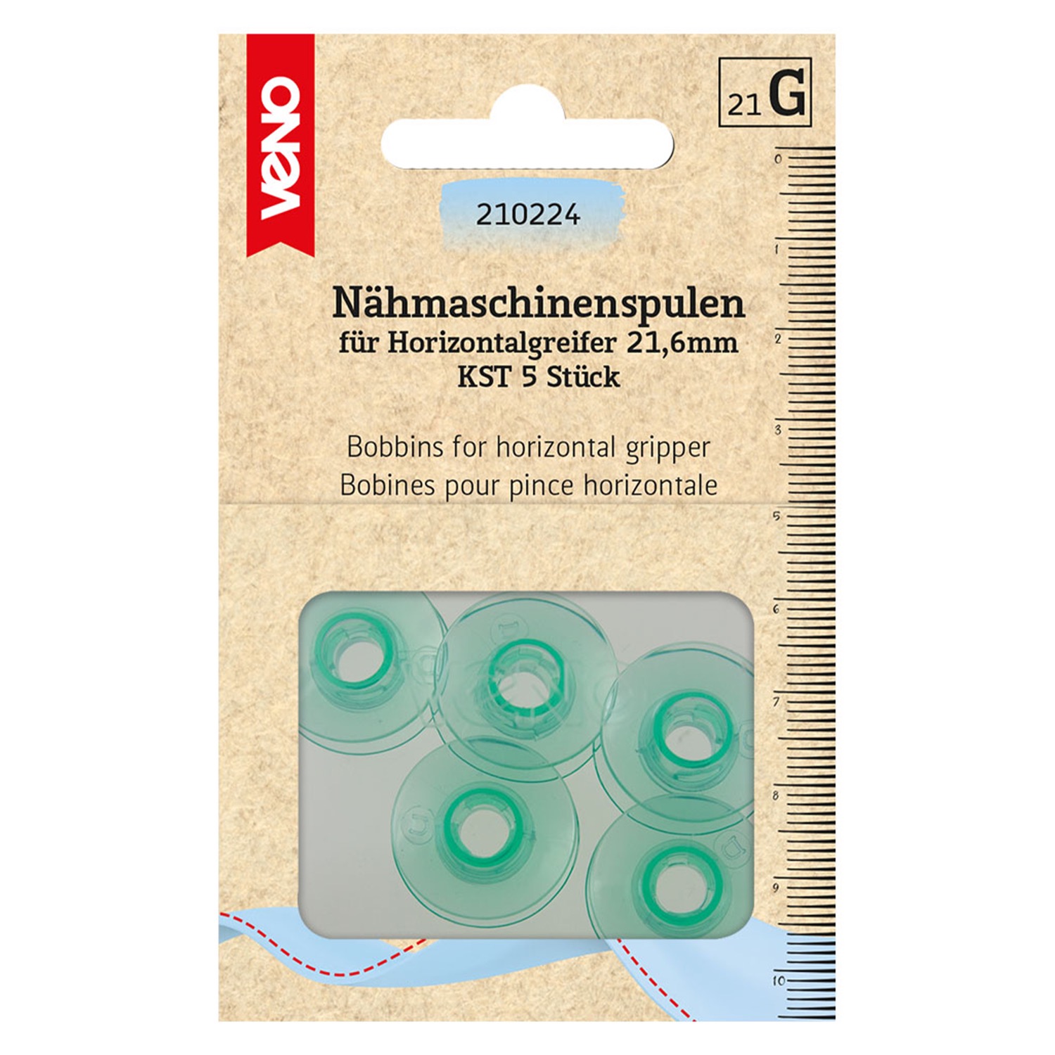 Spulen, Packung, für Horizontalgreifer, Kunststoff, Transparent, B: 10,4 mm, L: 21,6 mm