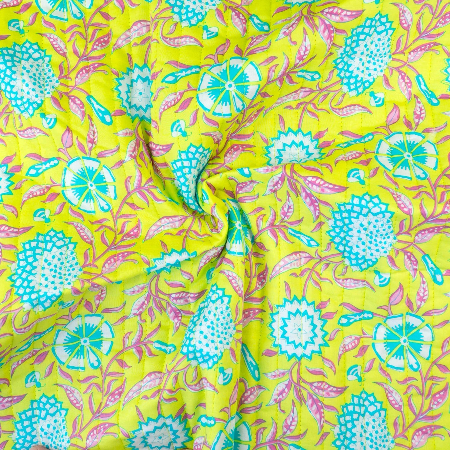 Steppstoff, Double Face, gelbgrün, cyan, pink, weiß, floral gemustert, grafisch gemustert