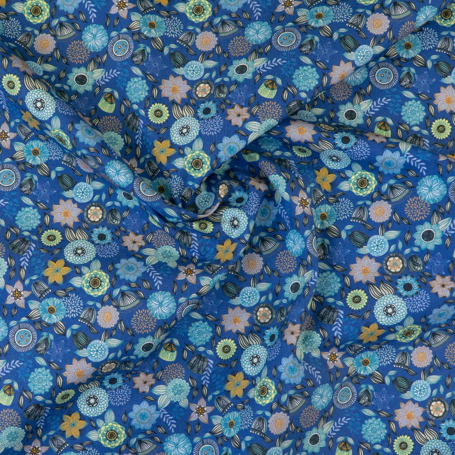 Baumwollstoff, Popeline, blautöne, orange, schwarz, florale Motive
