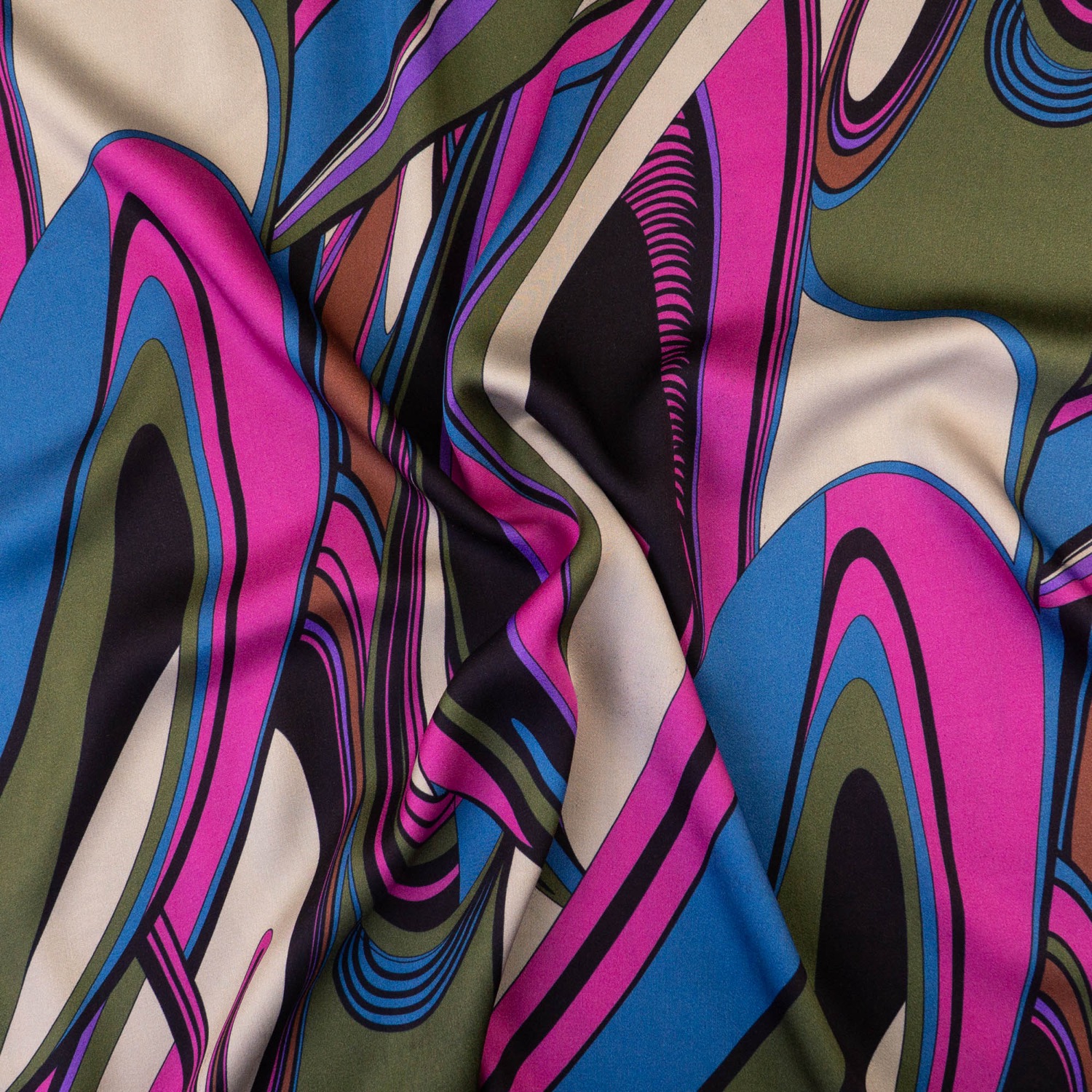 Viskosestoff, Satin, oliv dunkel, pink, blautöne, beigegrau, abstrakt gemustert