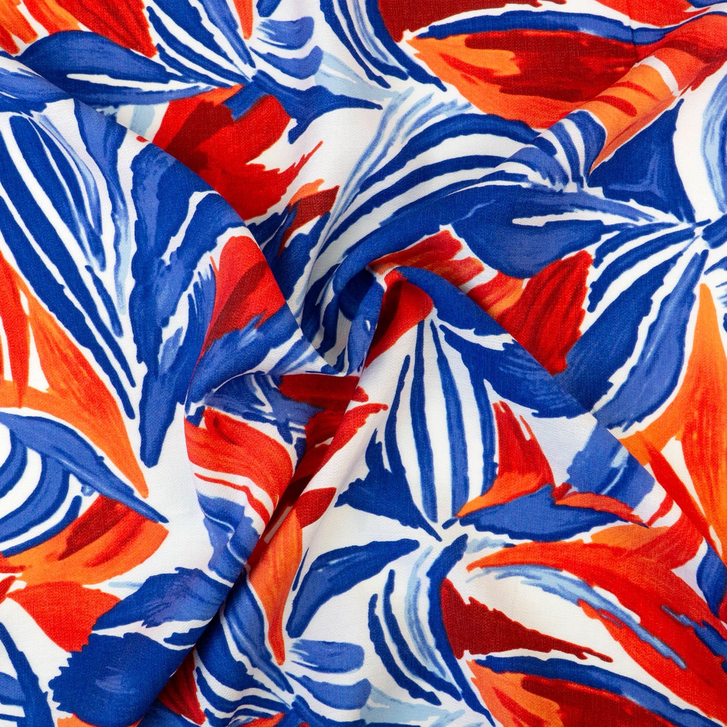 Viskosestoff, Crêpe, weiß, blaugrau, rot, abstrakt gemustert