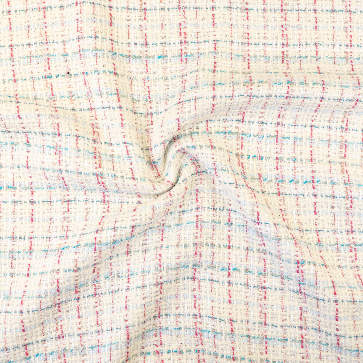 Buntgewebe, Bouclé, offwhite, rosatöne, hellblau, Webstruktur