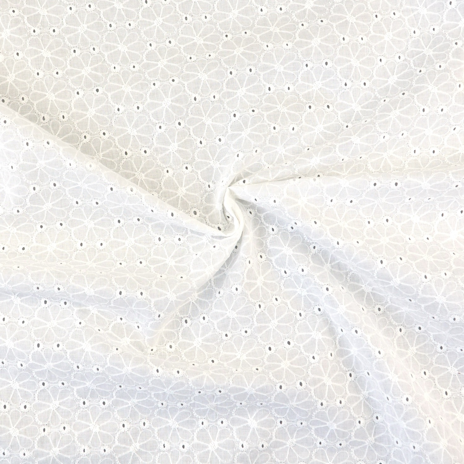 Baumwollstoff, Batist, weiß, Lochstickerei, Bogenkante, uni, floral gemustert
