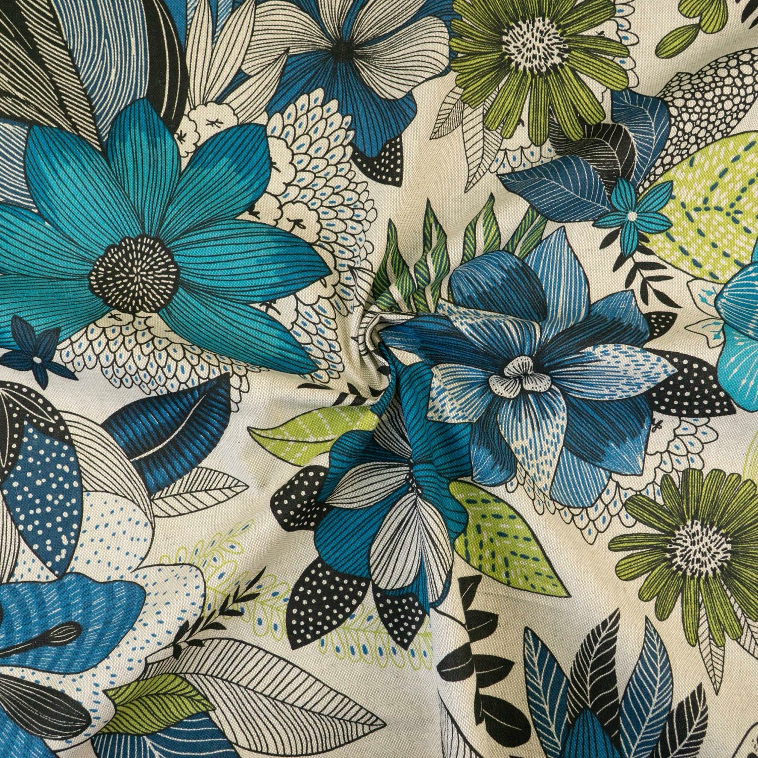 Dekostoff, Panama, beigegrau, blautöne, grüntöne, schwarz, florale Motive