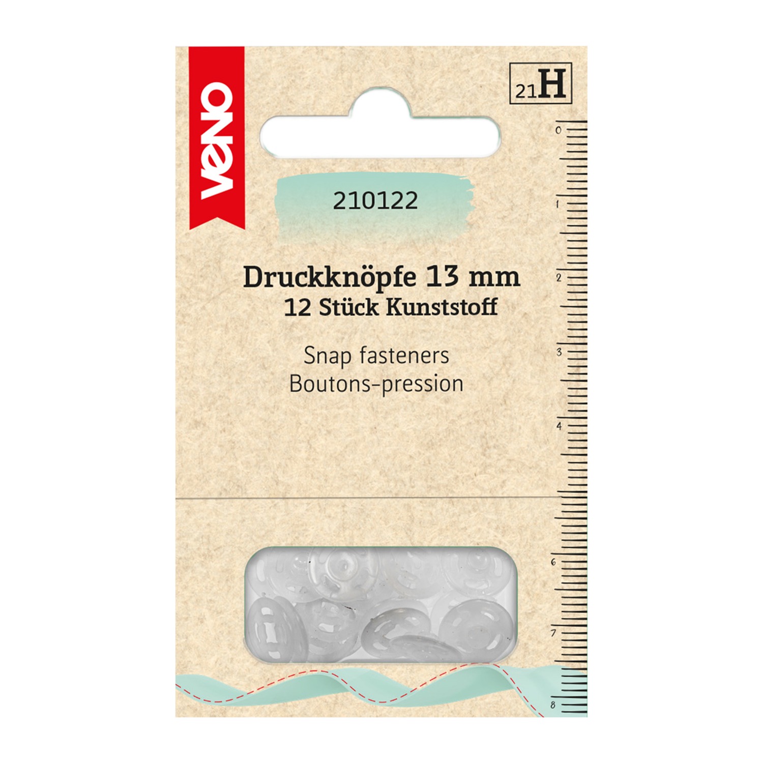 Druckknöpfe, zum Annähen, Packung, Kunststoff, Transparent, 12 ø mm