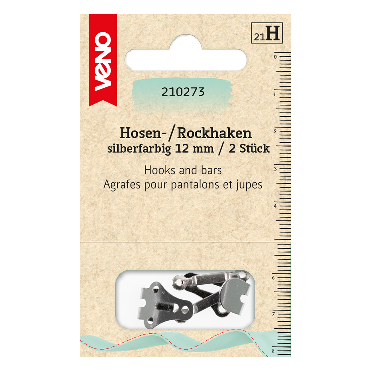 Hosen/Rockhaken und Stege, Packung, zum Annähen, Metall, Silber, 12 mm