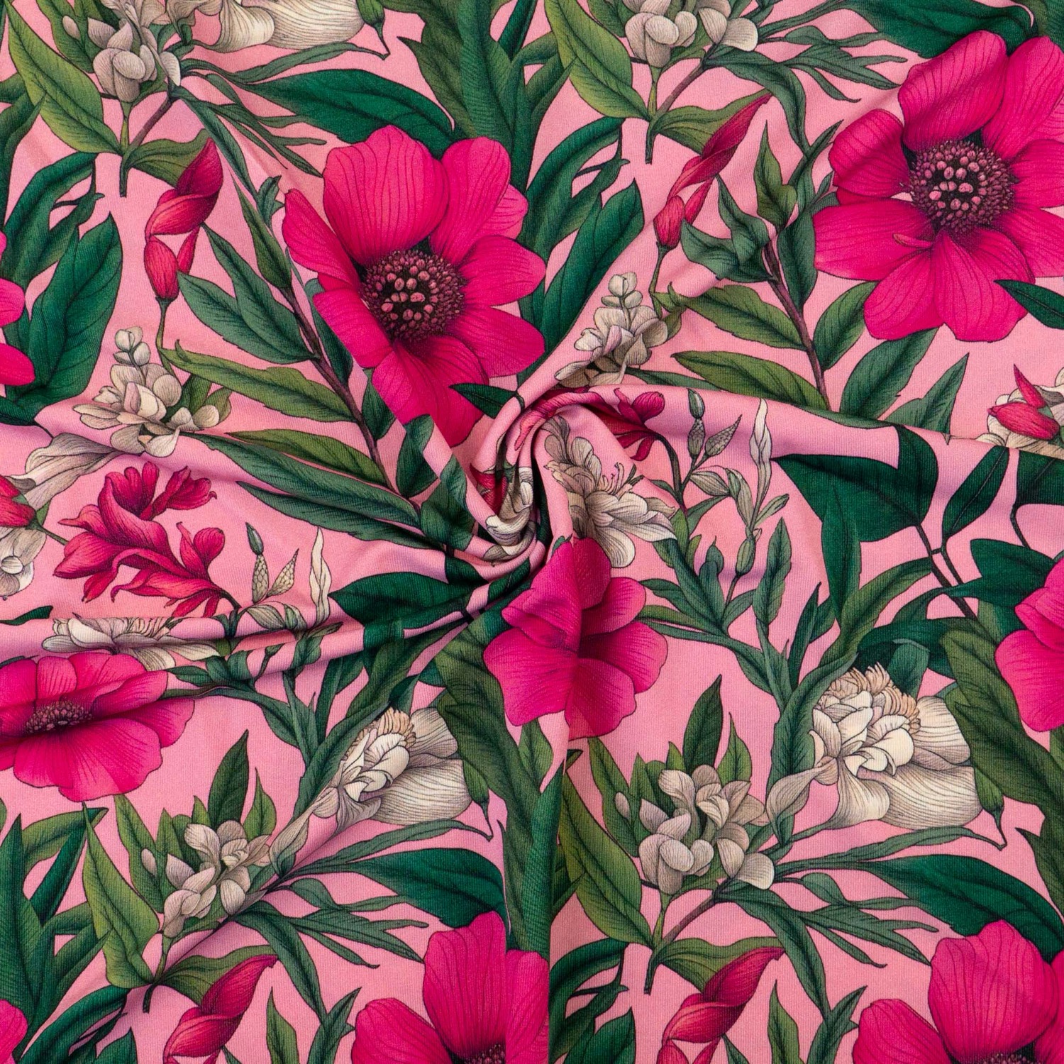 Viskosejersey, pink, grüntöne, rosé, florale Motive