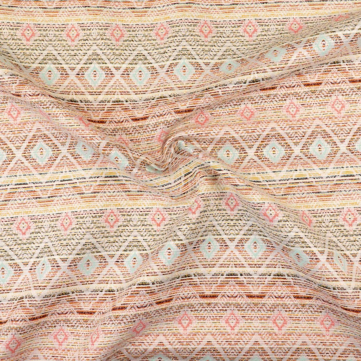 Leichtes Buntgewebe, Jacquard, offwhite, orange, hellblau, schwarz, grafisch gemustert