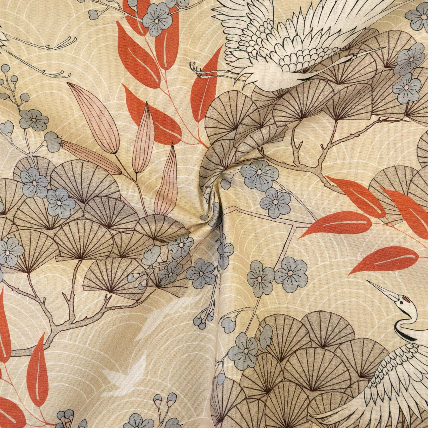Dekostoff, Panama, beigegrau, grautöne, rotorange, asiatische Motive, Tiermotive